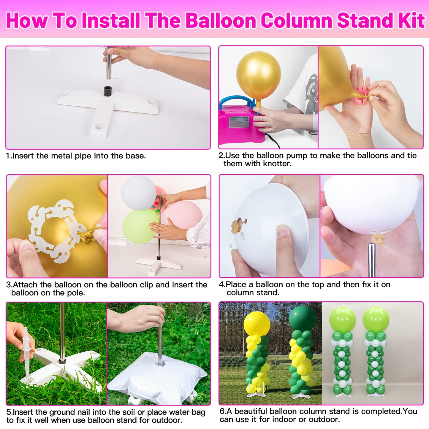 Toosci 2 Sets Balloon Column Stand and Balloon Pump, Adjustable Metal 9 Feet Balloon Stands for Floor, Balloon Column kit for Baby Shower Graduation Birthday Wedding Party