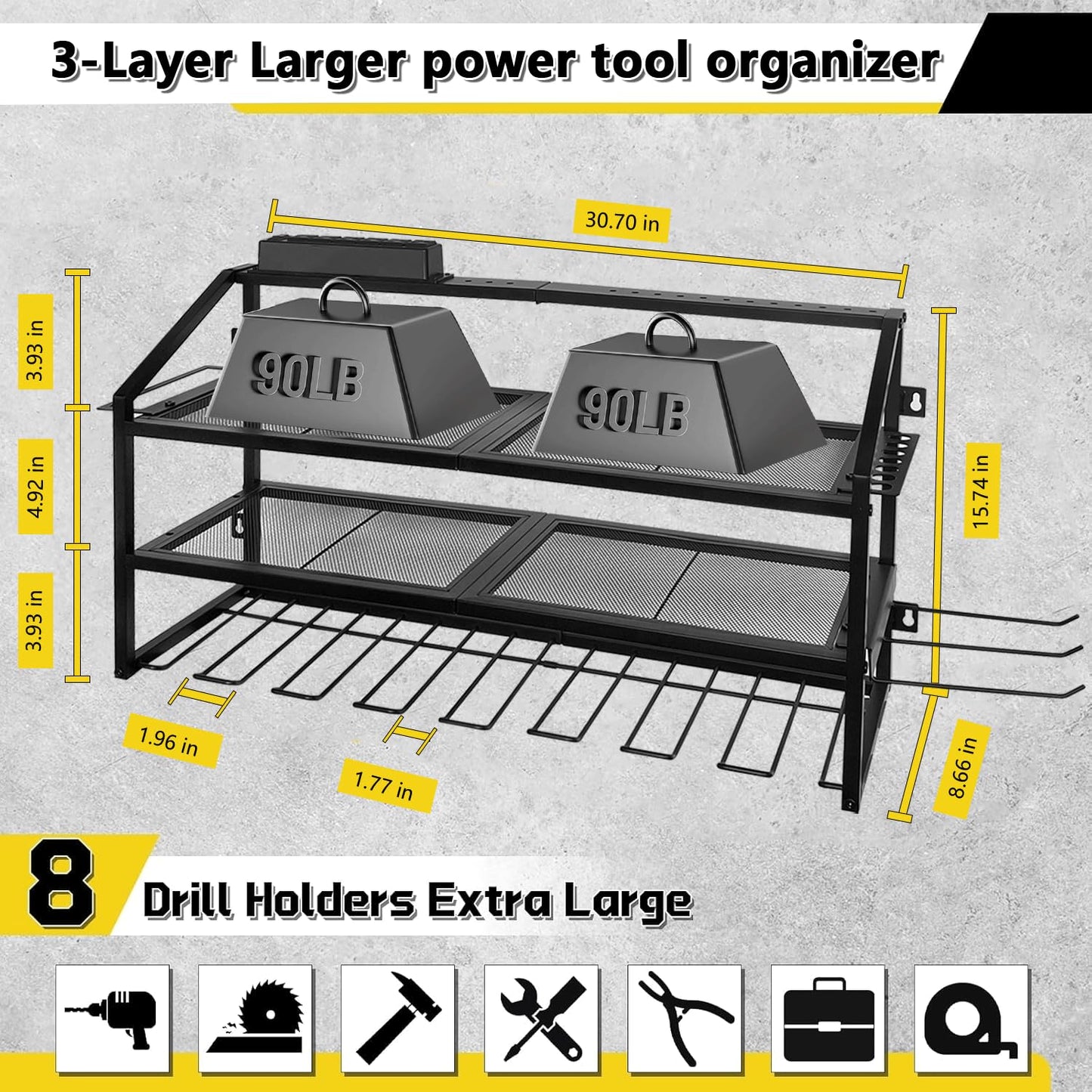 FULOOPHI Power Tool Organizer Wall Mount with Charging Station, 3 Layer Storage Rack and Tool Holder for Garage Organization, 8 Drill Holder Wall Mount and 6 Outlet Power Strip