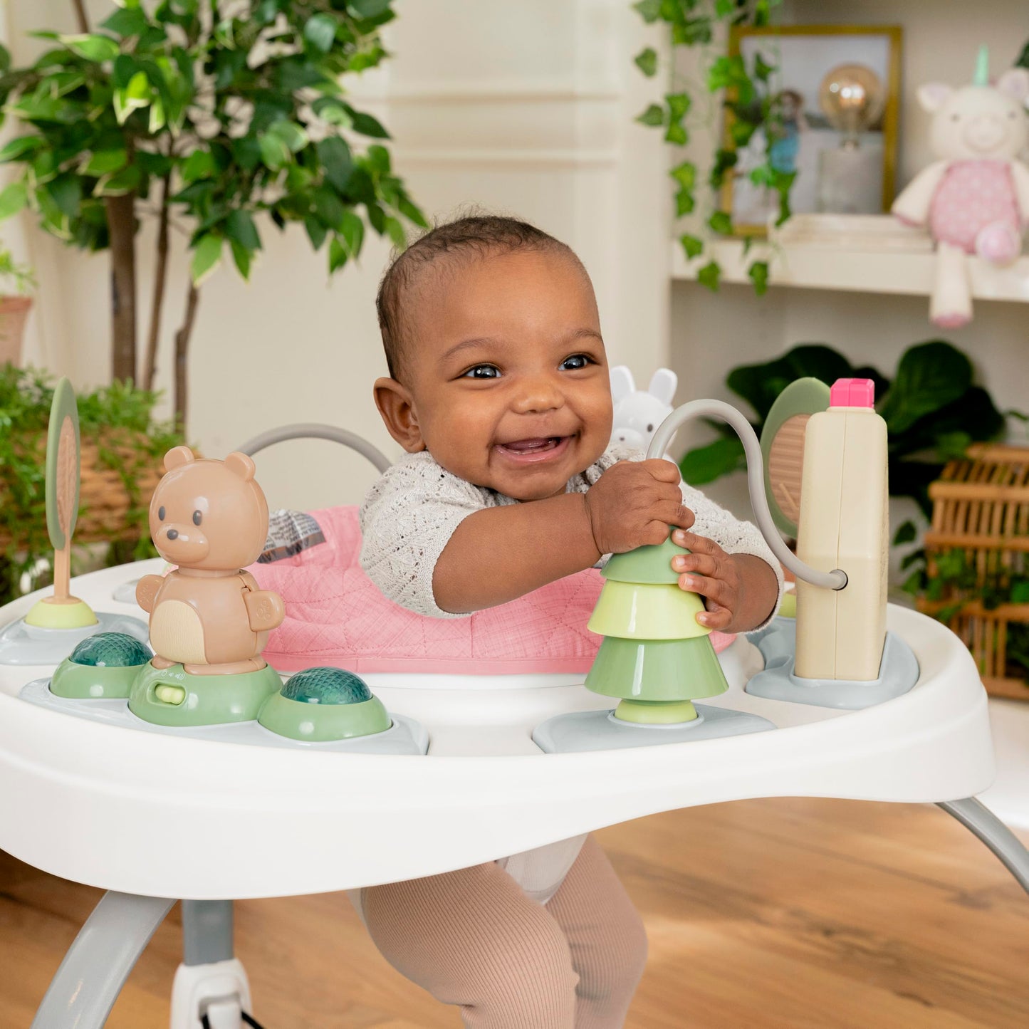 Ingenuity Spring & Sprout 2-in-1 Baby Activity Center Jumper and Table with Infant Toys - Ages 6 Months +, First Forest in Pink