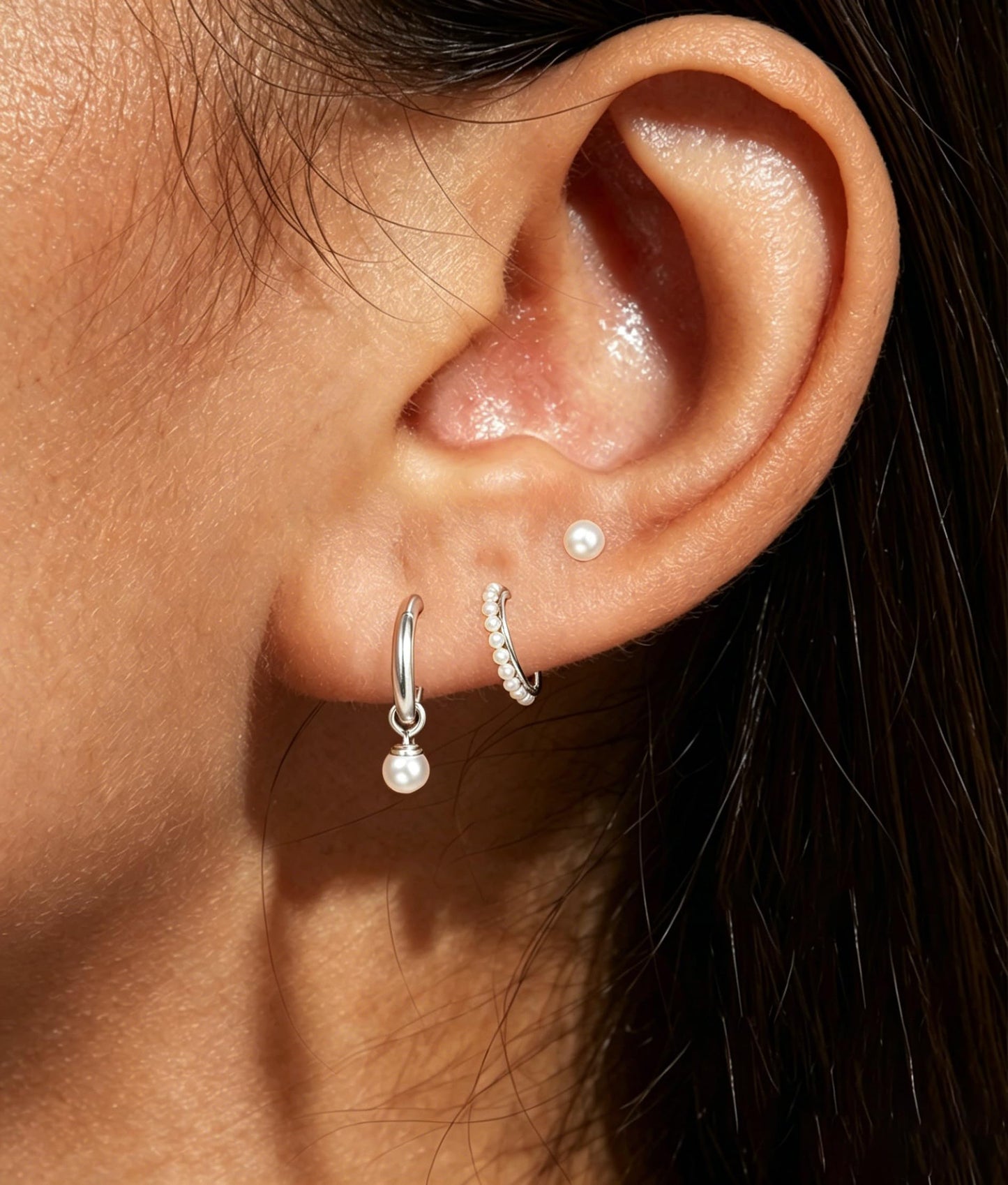 DORANA Silver Pearl Hoop Earrings for Women Non Tarnish Small Huggie Earrings 925 Sterling Silver Hypoallergenic Cartilage Stackable Sleeper Hoops Stacks Sets for Multiple Piercing, 3 Pairs