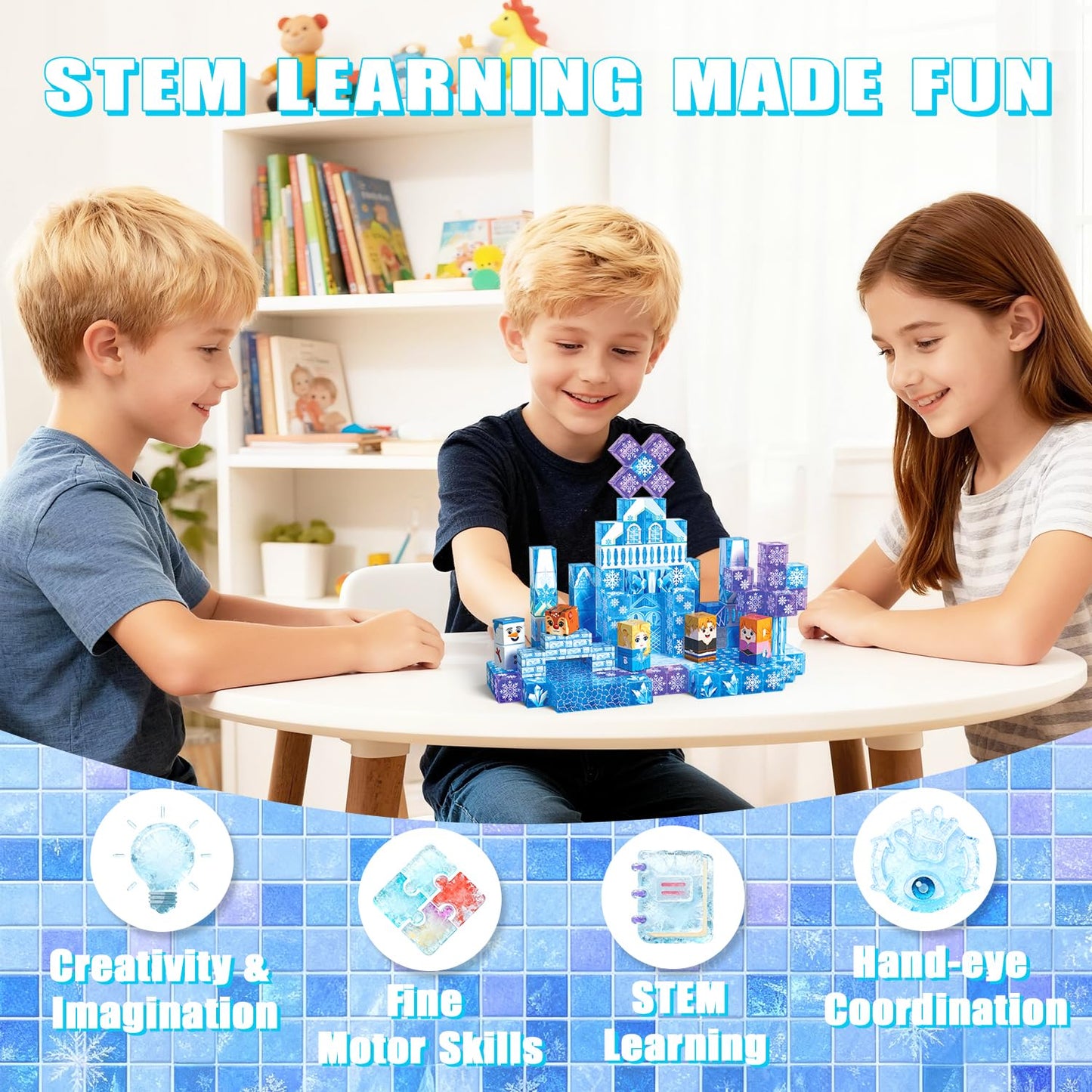 SSAWER Magnetic Blocks, 150PCS Magnetic Building Blocks, Stacking Magnets for Kids, Sensory Toy for STEM Constructions Magnet Blocks for Girls Age 3+, Christmas Birthday Gifts (Snow Castle)