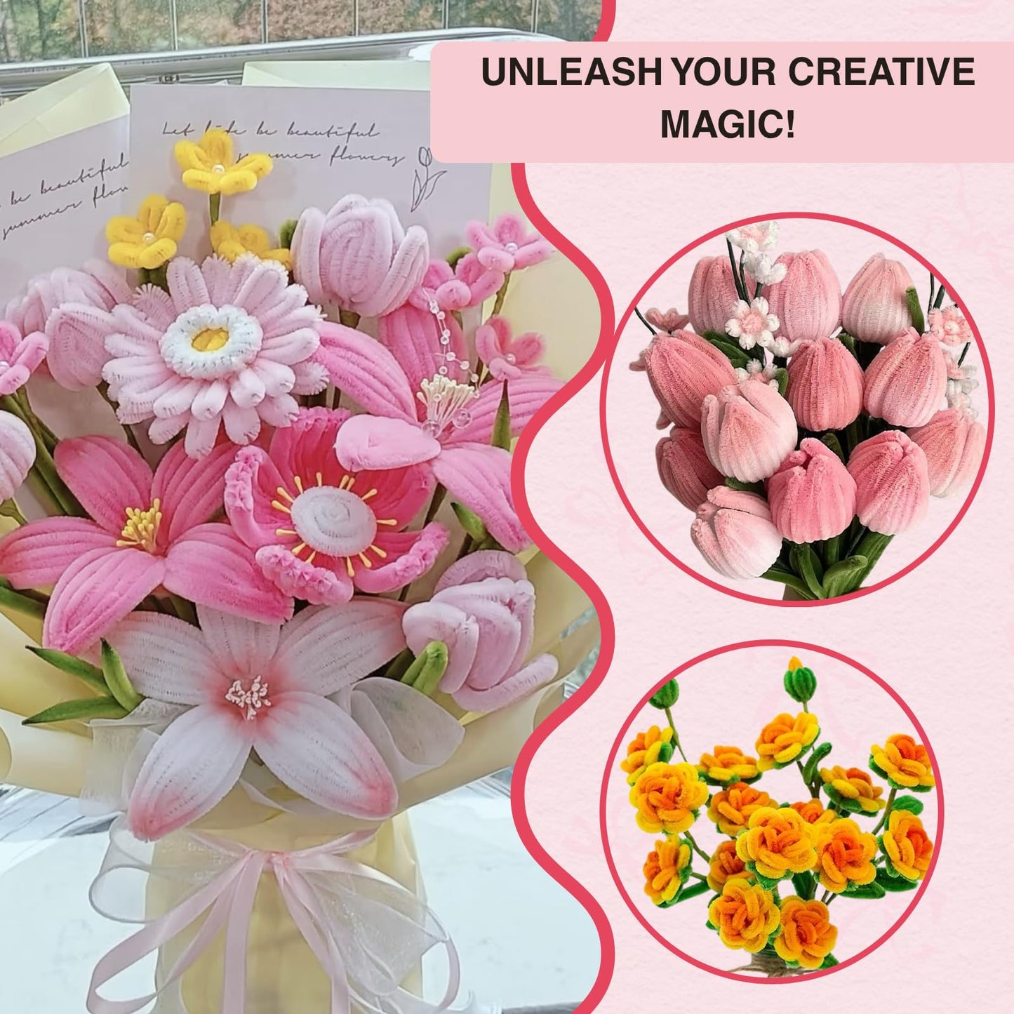 Xokpait 500pcs Pipe Cleaners Flowers Kit,Chenille Stems for DIY Flower Making Kit,Pipe Cleaners Projects Creative for DIY Art and Craft,Ideal for Holiday Decoration(Pink)