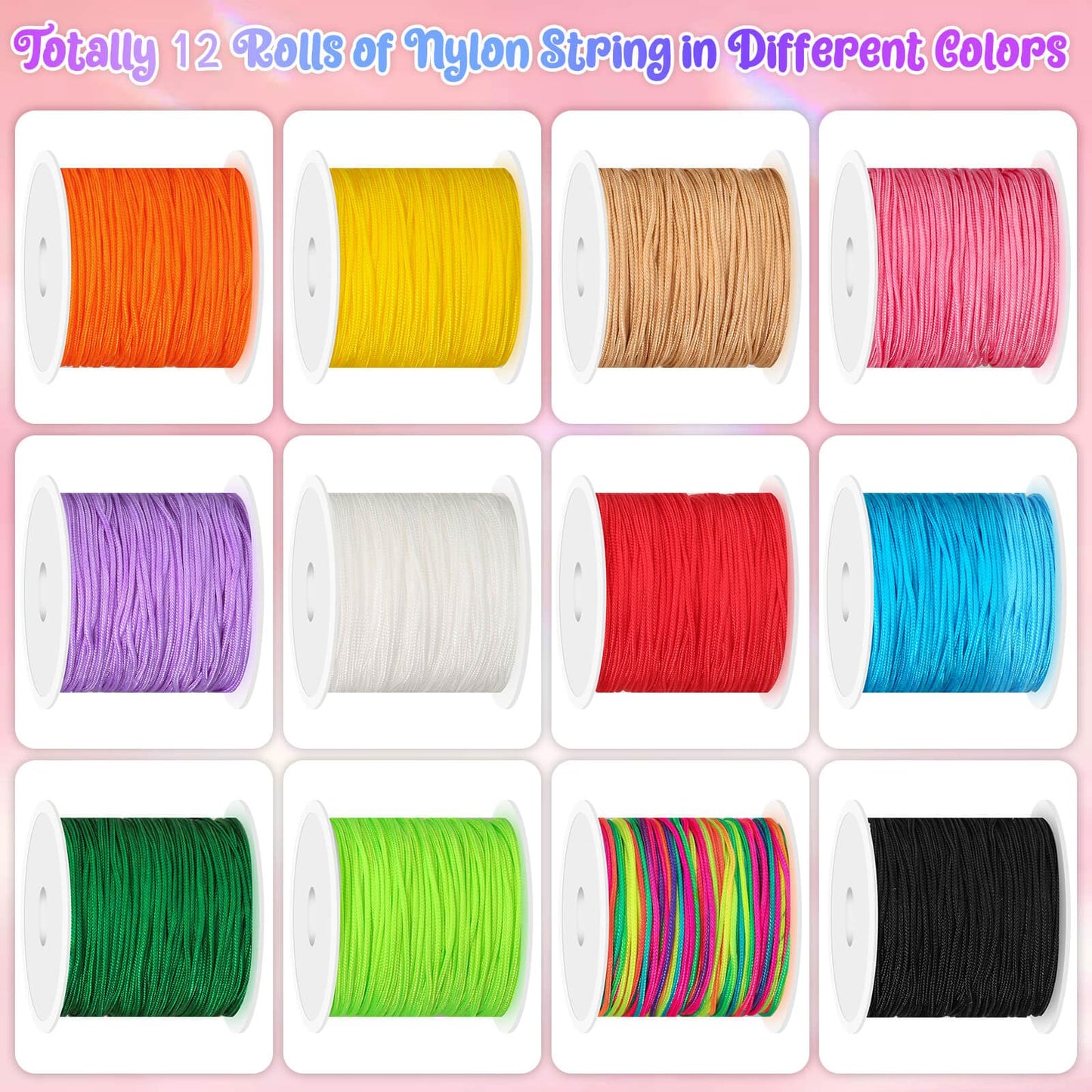 Selizo 12 Rolls Nylon String for Bracelets, Chinese Knotting Nylon Cord for Jewelry Making, Nylon Beading Thread for Kumihimo, Braided Bracelets, Necklaces, Macrame Craft, Wind Chime