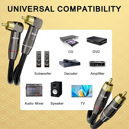 RCA Cable 6 FT, 90 Degree Right Angle 2RCA to 2RCA Stereo Audio Cable, Zinc Alloy Shell, Gold-Plated Plug, 2 RCA Audio Cord, for Home Theater, Subwoofer, HDTV, Amplifier, Hi-Fi System, Car, Speaker