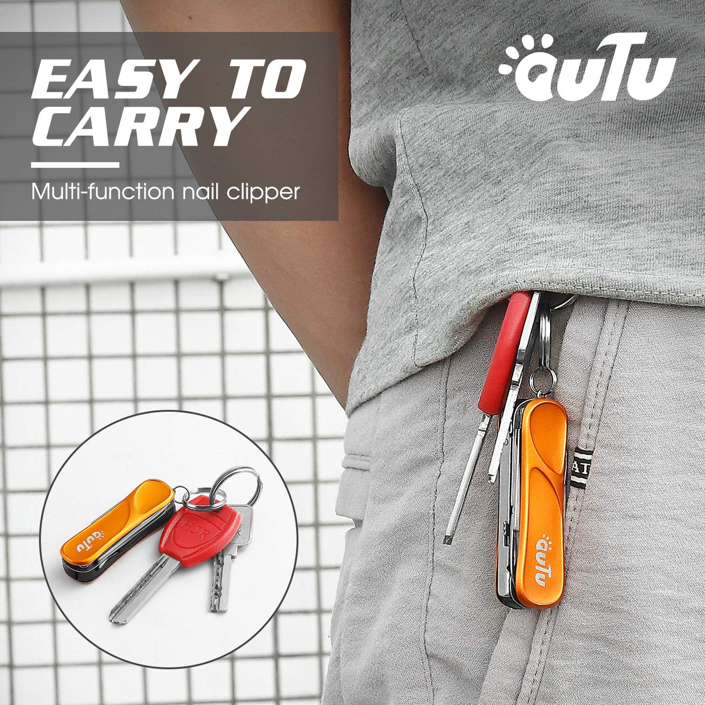 OUTU Keychain Nail Clippers Multitool, 7 in 1 EDC Utility Tool with Nail Clipper, Scissors, Gifts for Him Men Husband Dad Boyfriend (Orange)