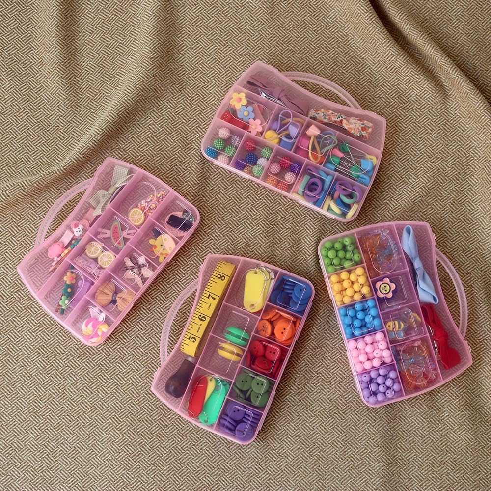 BangQiao 4 Pack Fixed 10 Grids Small Clear Pink Plastic Storage Case with Handle, Mini Cute Organizer Box for Gift Giving, Birthday, Event, Party, Jewelry, Ornaments, Craft Supplies, DIY Accessories