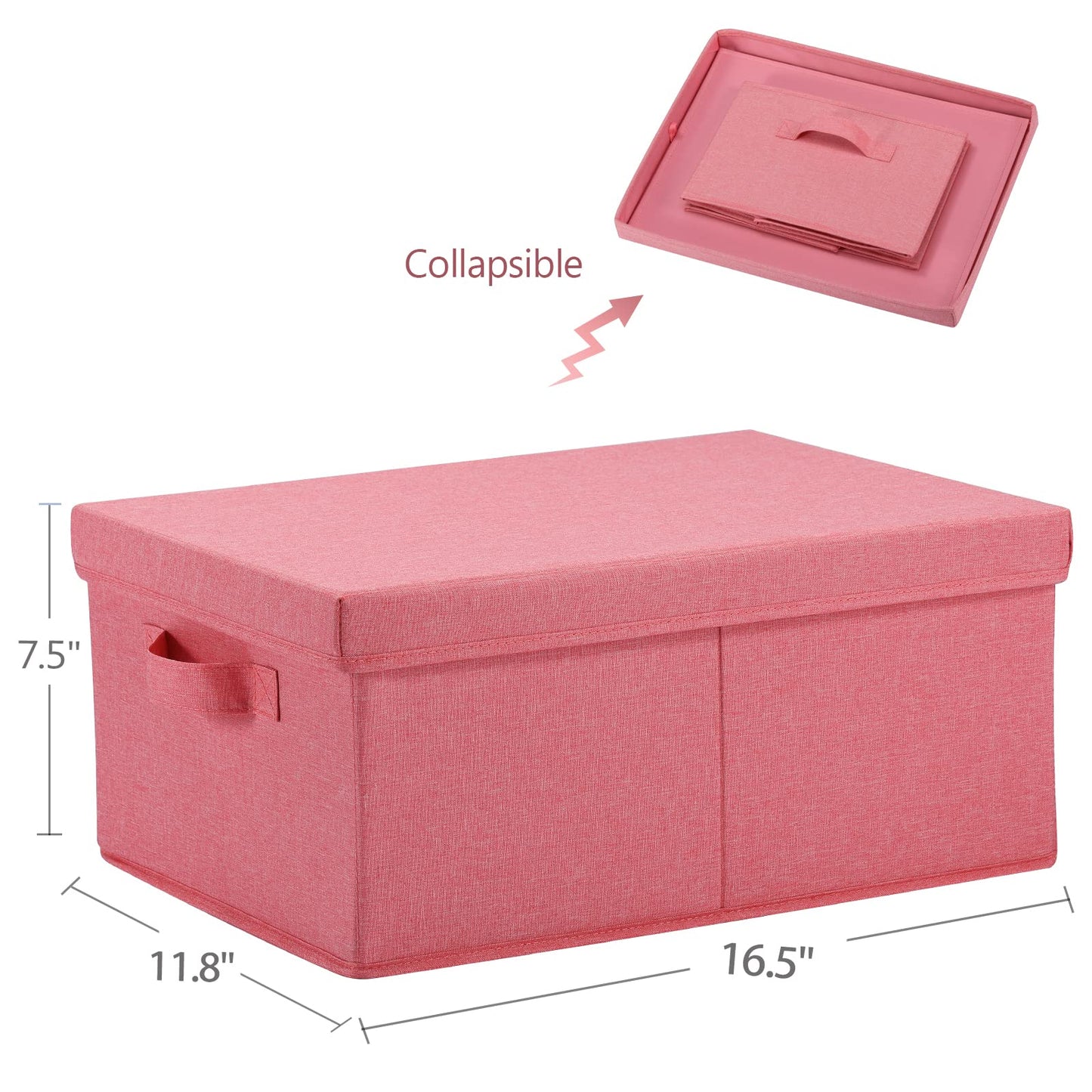 HOONEX Linen Foldable Storage Bins with Lids, 2 Pack, Storage Boxes with Carrying Handles and Sturdy Heavy Cardboard, 16.5" L x 11.8" W x 7.5" H for Shoes, Books, Clothes, Nursery, Pink