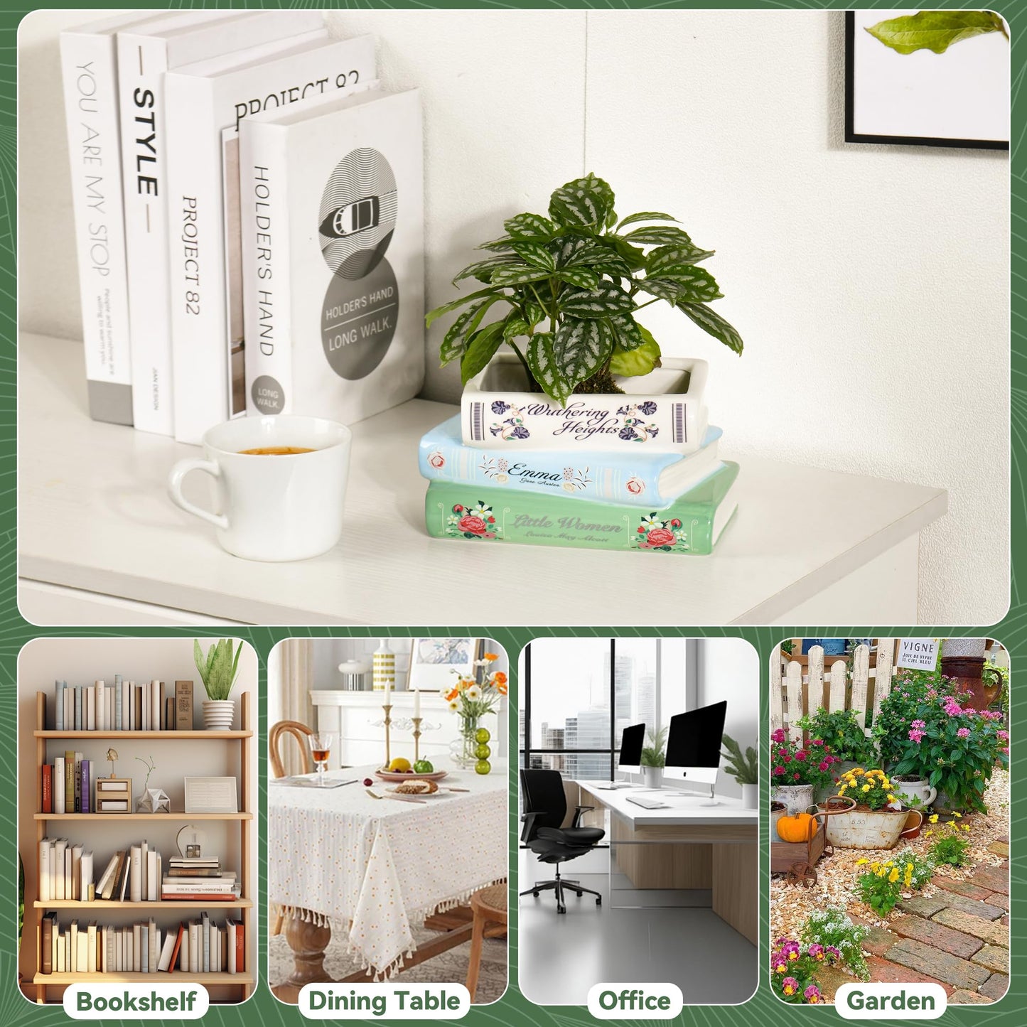 HEBYJO Ceramic Book Shaped Planter with Drainage Hole, Unique Flower Pot, Literary Vase Bookshelf Decor, Gift for Book Lovers, Multifunctional Storage Box