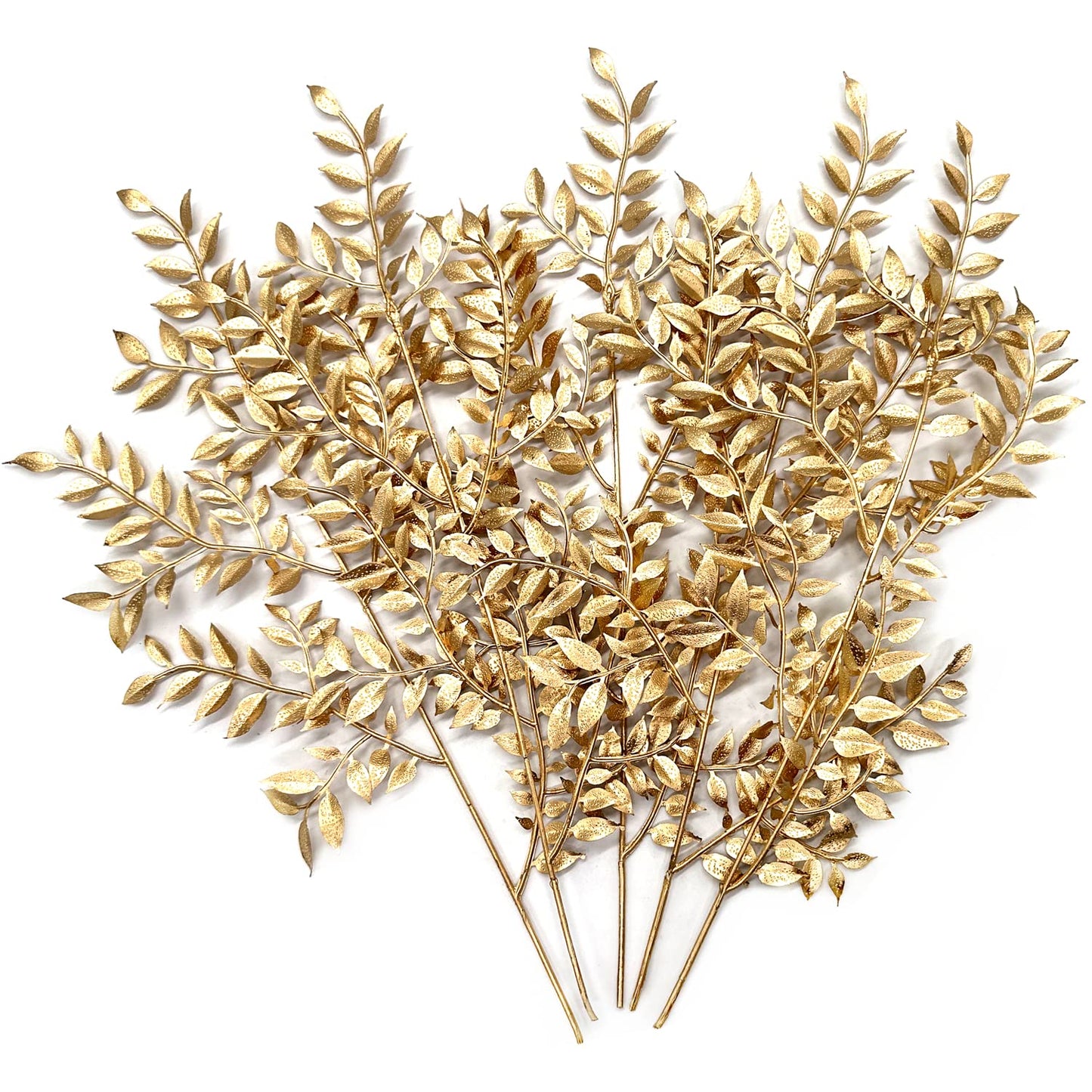Fake Golden Leaves Plant for Christmas Decorations, Artificial Gold Plants Foliage Stems Plastic Simulation Faux Leaf Stem for Home Garden Wedding Party Decor DIY Glitter Crafts Gift Ornaments 5 Pcs