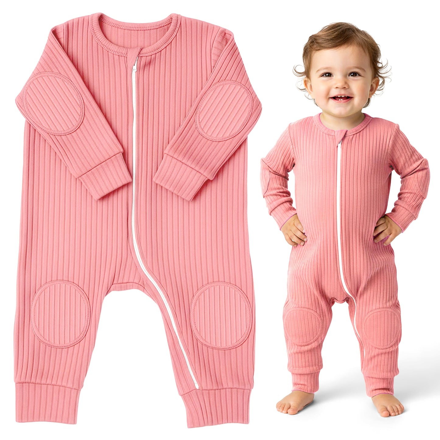 NurtureNauts® Crawling Baby Romper with Built-in Knee & Elbow Pads - 100% Cotton, 2-Way Zipper, Tagless for Active Babies (Pastel Pink, 12–18 Months)