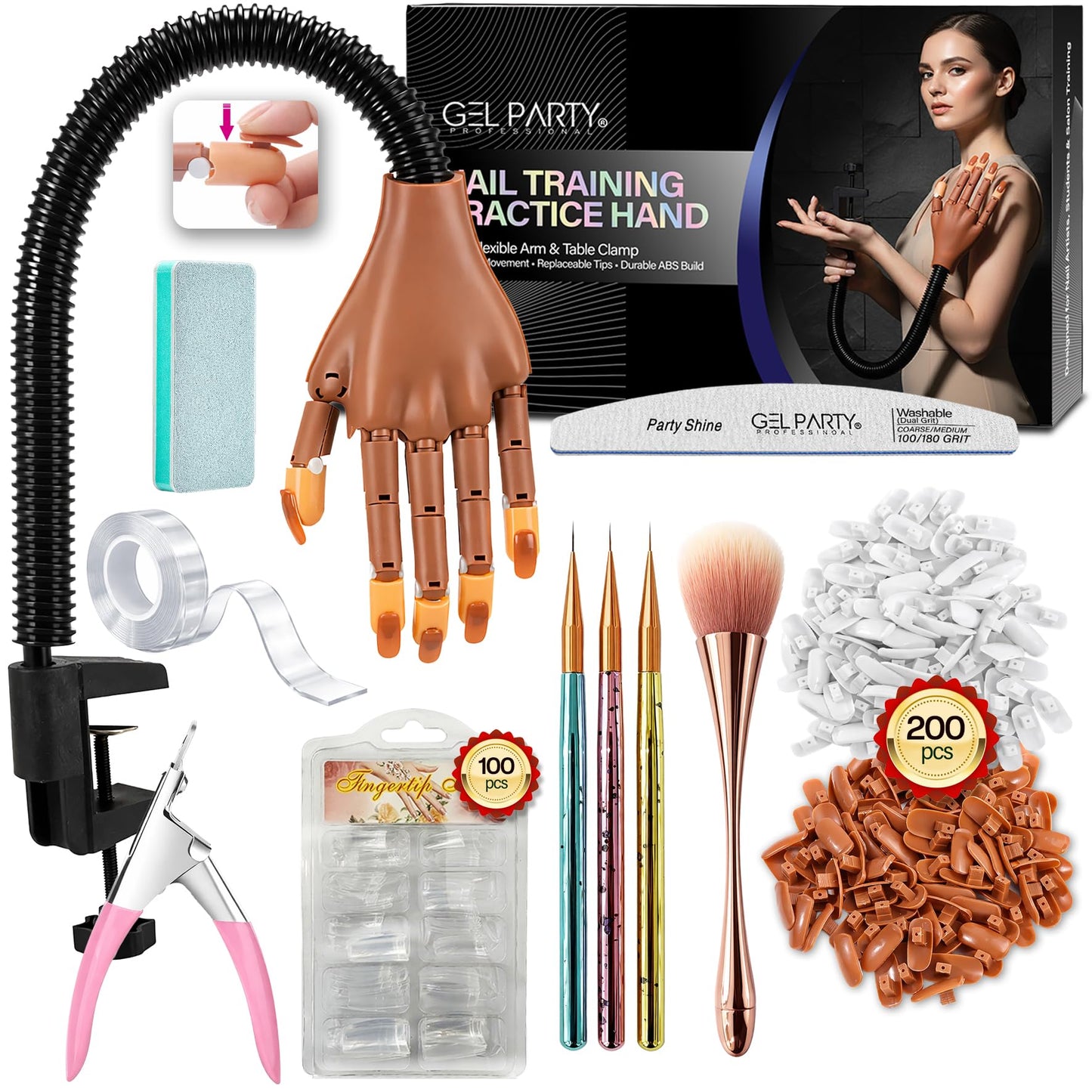GELPARTY Flexible Nail Practice Hand with Table Clamp - Full Training Starter Kit for Acrylic & Gel Nails, Includes 200pcs Brown Tips, Clippers, Files & Brushes - Professional Manicure Set (Set B+)