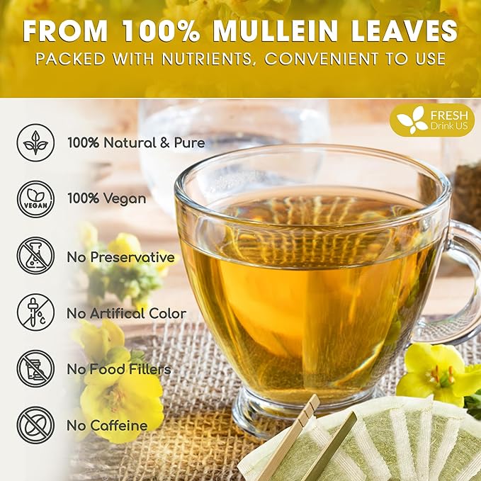 FreshDrinkUS, Premium 25 Mullein Leaf Tea For Lungs, Lung Detox For Smokers, Handmade, 100% Natural & Pure, Mullein Tea, No Sugar, No Caffeine, No Gluten, Vegan