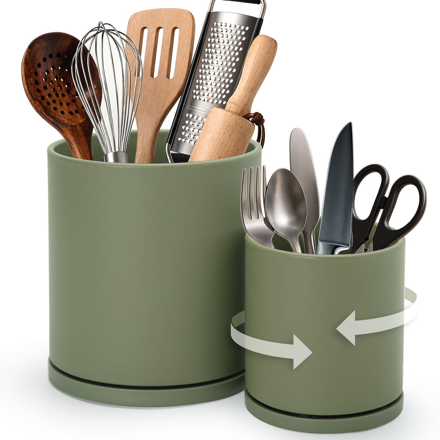 D'vine Dev 360° Rotating Utensil Holder Set – 7.2"+5" Kitchen Utensil Crocks for Countertop, Modern Cooking Tool Organizers for Kitchen Storage +Décor, Olive, Set of 2, 72-Z-C-1