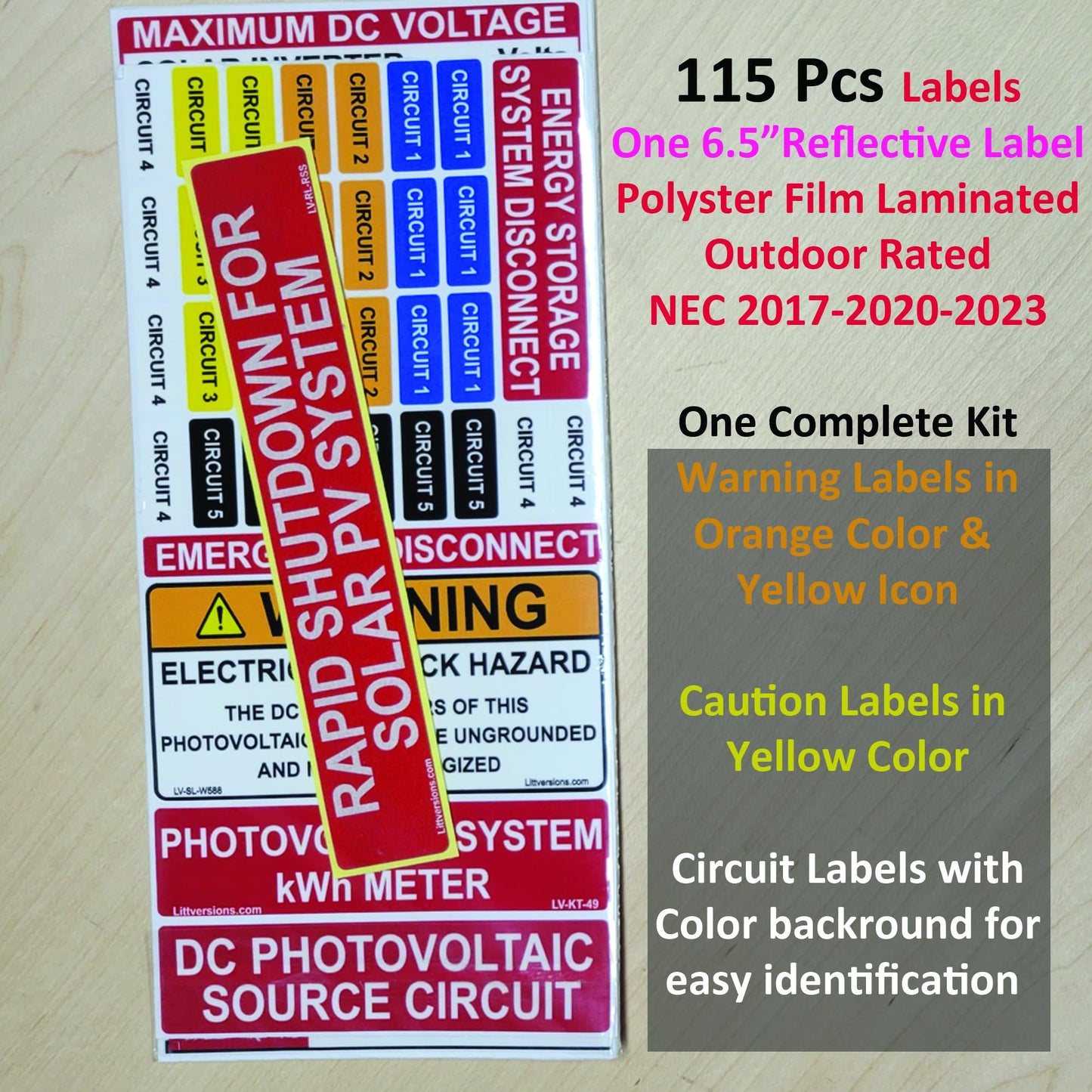 Littversions Ultimate 115 Pack 2017/2020/2023 NEC Code Compliant Photovoltaic Solar System Label Kit Electrical Panel Safety Stickers Outdoor Rated Laminated Strong Adhesive Waterproof