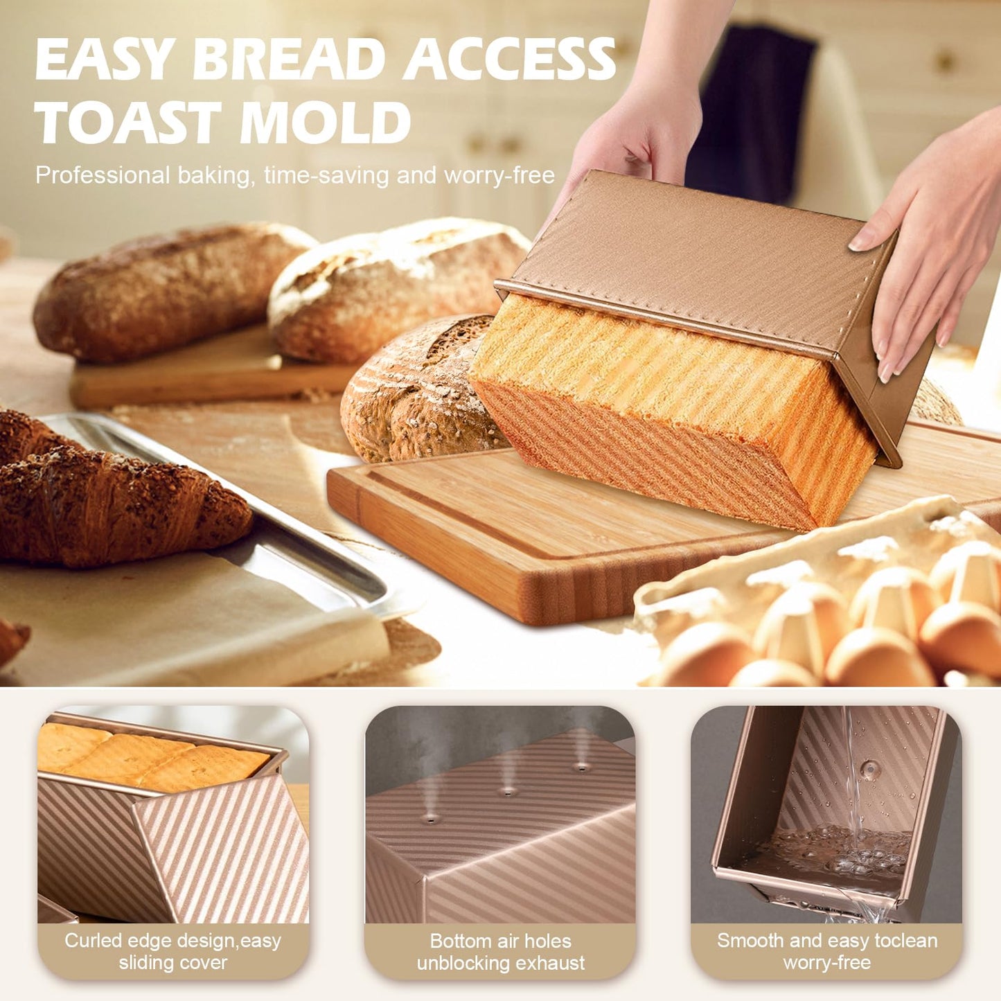 Dipanist 2Pack Pullman Loaf Pans with Lids – 2.2 LB & 1 LB Dough Capacity, Non-Stick Carbon Steel Bread Pans for Homemade Sandwich and Sourdough Bread, Corrugated Toast Mold