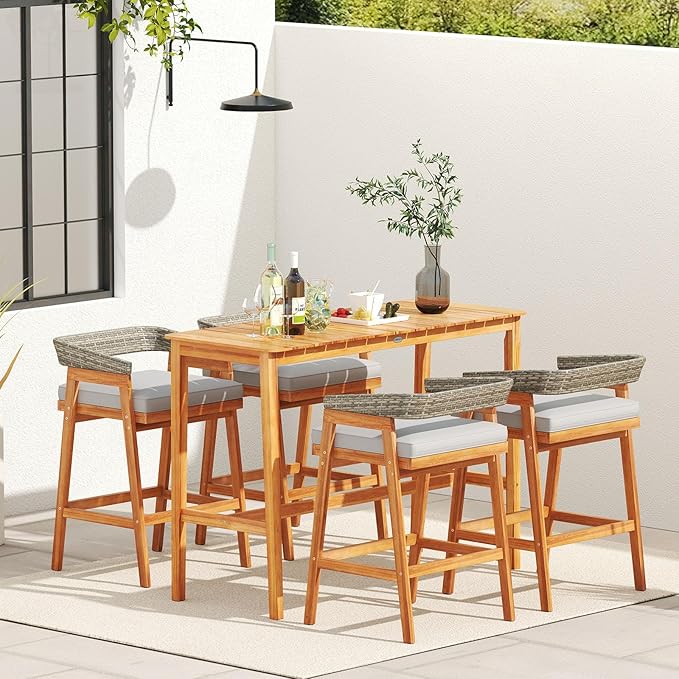 Tangkula 5 Piece Patio Bar Set, Outdoor Acacia Wood Counter Height Table with 4 Cushioned Barstools with Curved Rattan Back and Footrest, for Backyard, Poolside, Balcony