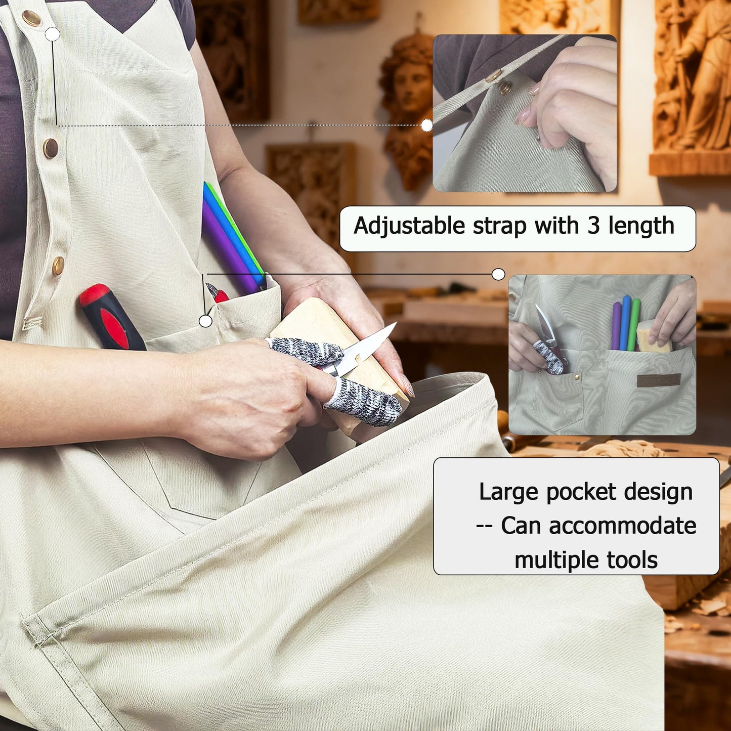 DAFENCHI Wood Carving Apron with Chip Catcher, Canvas Woodworking Carving Apron with Large Pouch for Catching Wood Chips, Adjustable Straps, for Woodworkers, Gift for Men