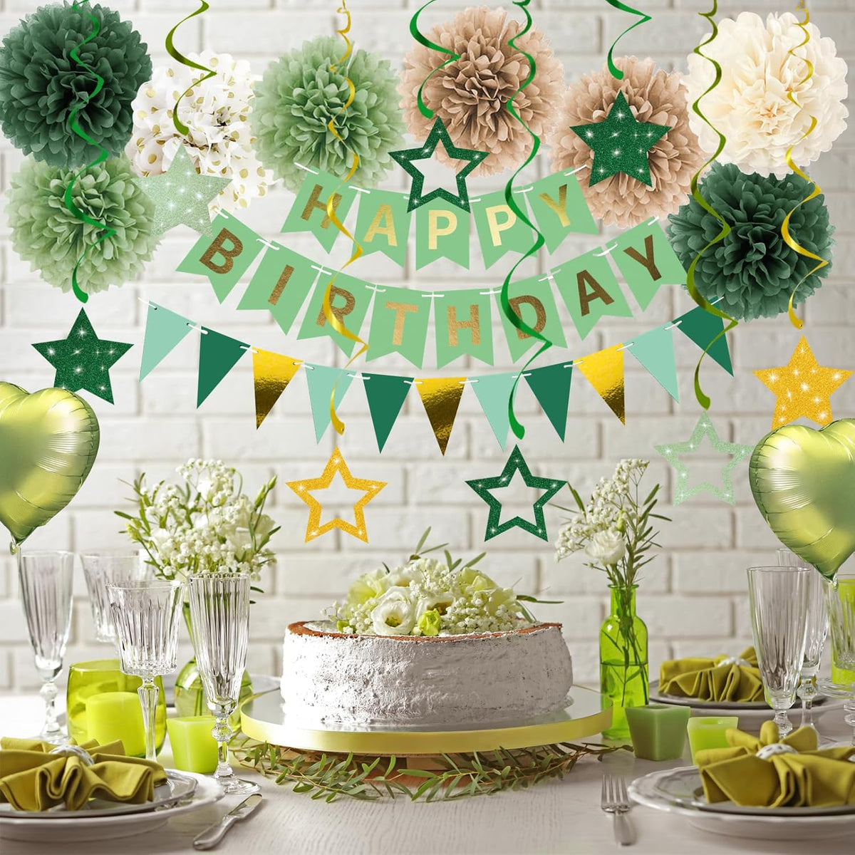 Happy Birthday Decorations for Women and Girls Sage Green Retro Rustic Neutral Boho Party Supplies - Banner, Fringe Curtains, Pom Poms, Hanging Swirls, Balloons, Cake Toppers