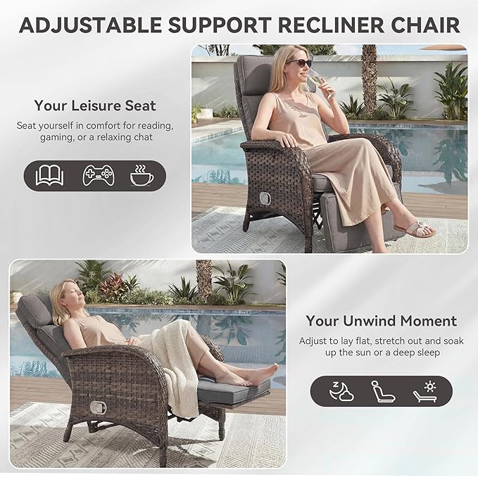 Zero Gravity Wicker Patio Recliner Chair - Wicker Outdoor Lounge Chair with Adjustable Backrest & Footrest, All Weather Outdoor Reclining Chairs with Thick Cushion for Pool Deck Gray
