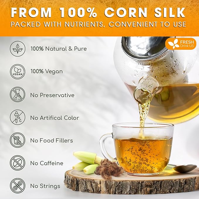 FreshDrinkUS, Premium 40 Tea Bags Corn Silk Tea, 100% Natural & Pure from Corn Silk. Herbal Tea. Clean Ingredients. Made with Natural Material Tea Bags. No Sugar, No Caffeine, Vegan.
