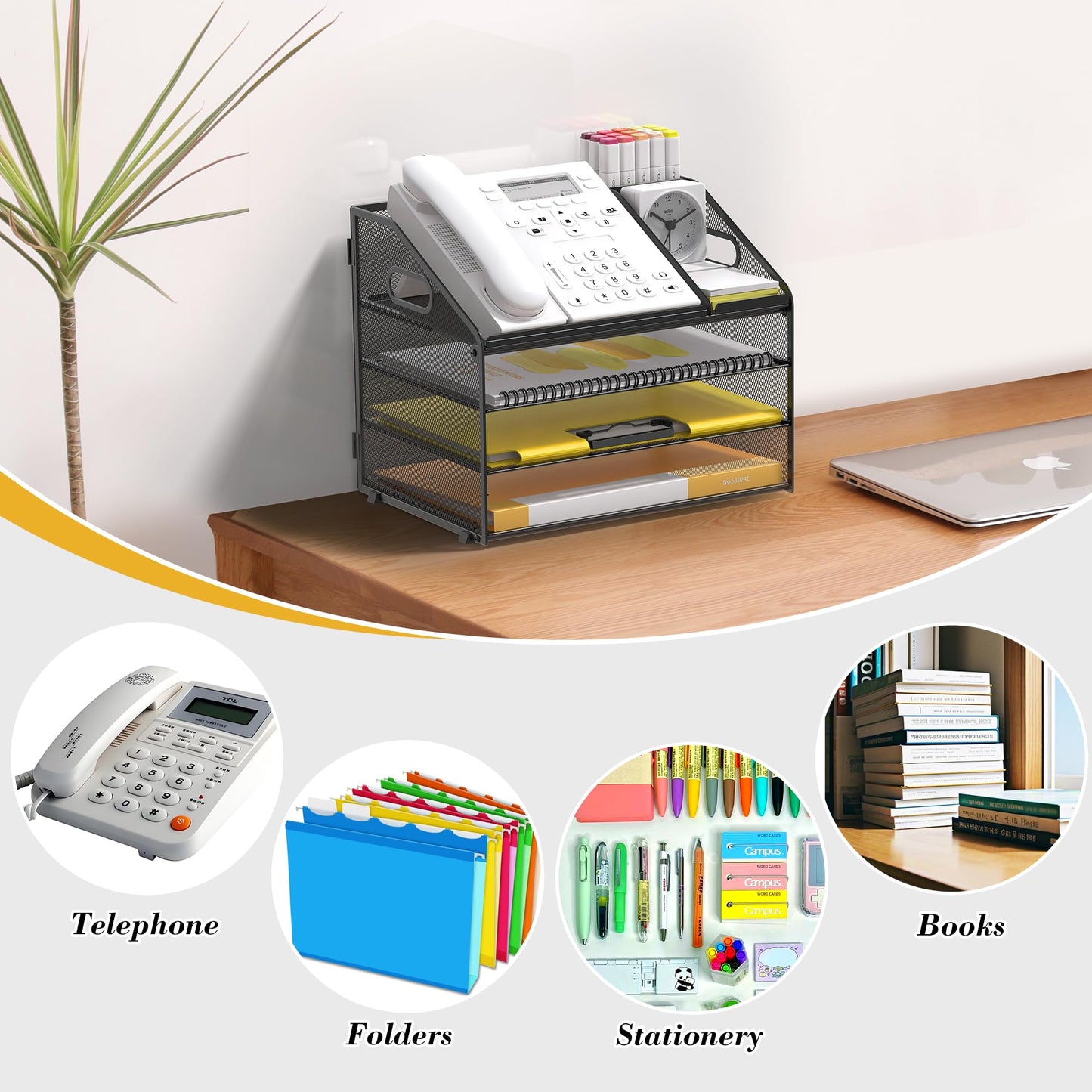 OrgMate Letter Tray Paper, 4 Tier Desk Organizer with Pen Holder and Handle Mesh File Organizer Paper Sorter Metal Desktop Document Shelf for Office Home Classroom -Black