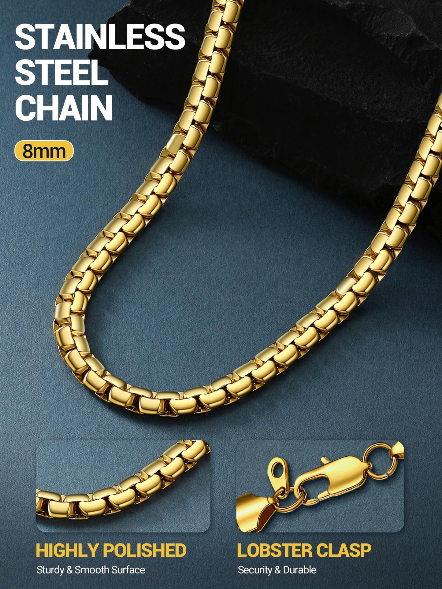 PROSTEEL Gold Chain for Men 14K Non Tarnish Flat Box Necklace Chunky Hip Pop Cool Chain Necklace for Mens Jewelry