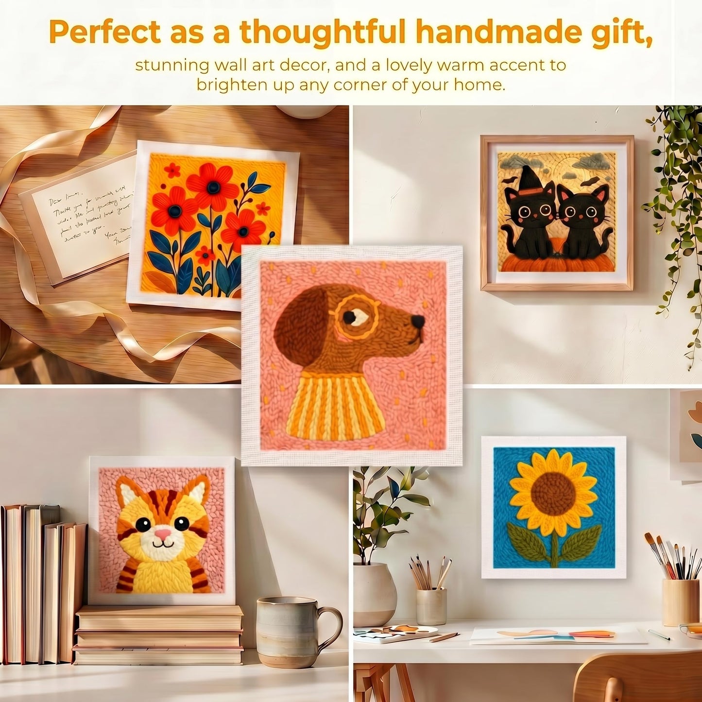 Raysqyk DIY Punch Needle Kit for Beginners - Adorable Dog with Glasses & Striped Collar | Soft Yarn Embroidery Set with Pre-Printed Fabric, Hoop & Tools | Stress-Relief Craft for Home Decor