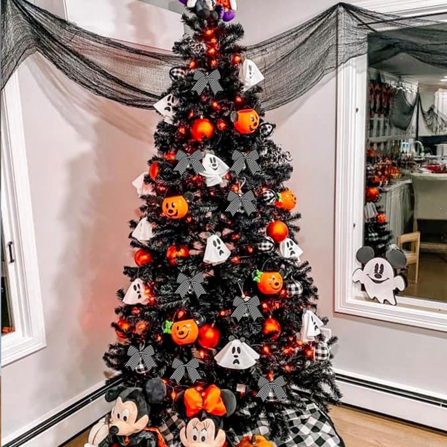 12 Pcs Black White Stripe Bows Halloween Tree Decorations,6 Inch Fall Ornaments for Christmas Tree Front Door Holiday Gothic Party Wreath Wall Home Decor