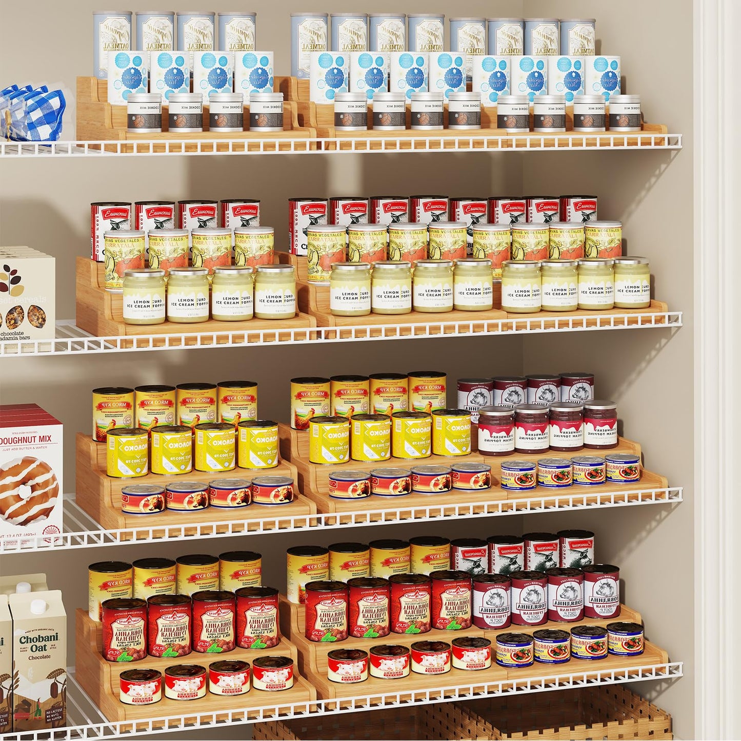 Expandable Bamboo Can Rack Organizer for Pantry, 3-Tier Adjustable Can Storage Holder, Soda Organizer Holds Up to 24 Cans, Canned goods Storage Display for Pantry, Cabinet, Countertop (patent pending)