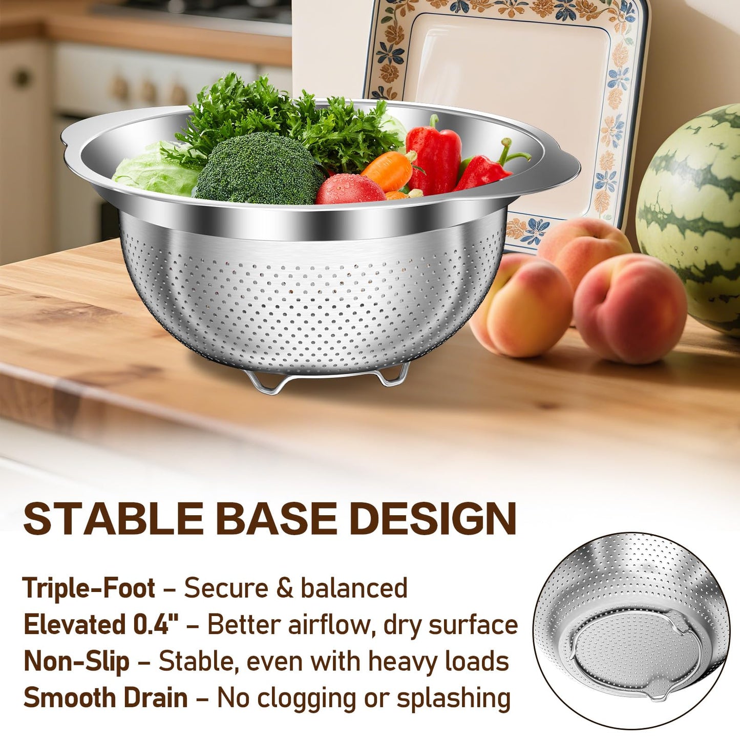 Colander, Strainer Bowl, Stainless Steel Colander, Rice Washing Bowl, Pasta Strainer & Vegetable Washer, Kitchen Strainer with Mixing Bowl for Draining, Food Prep, Dishwasher Safe, 4QT