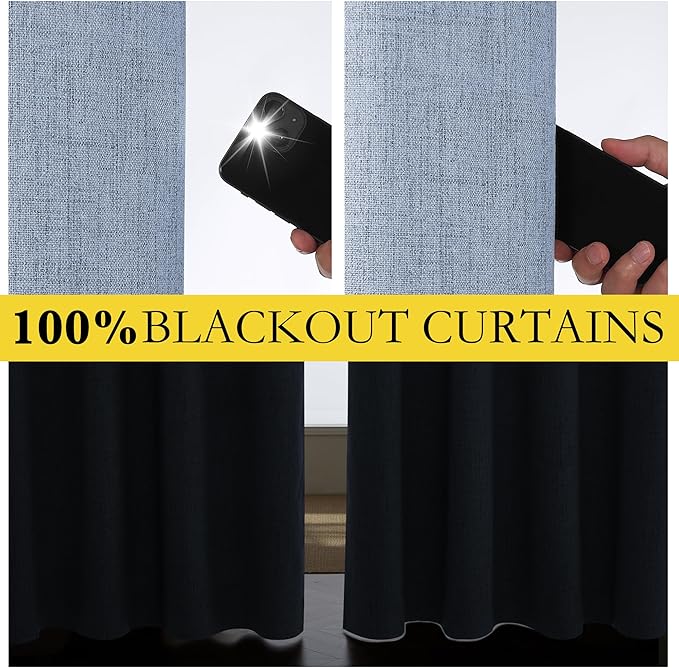 NICETOWN Stone Blue Vintage Linen 100% Blackout Curtains for Living Room, Thermal Insulated Curtains 90" Long, Noise Reducing Window Treatment Drapes for Home Cinema, 52" Wide Per Panel, Set of 2