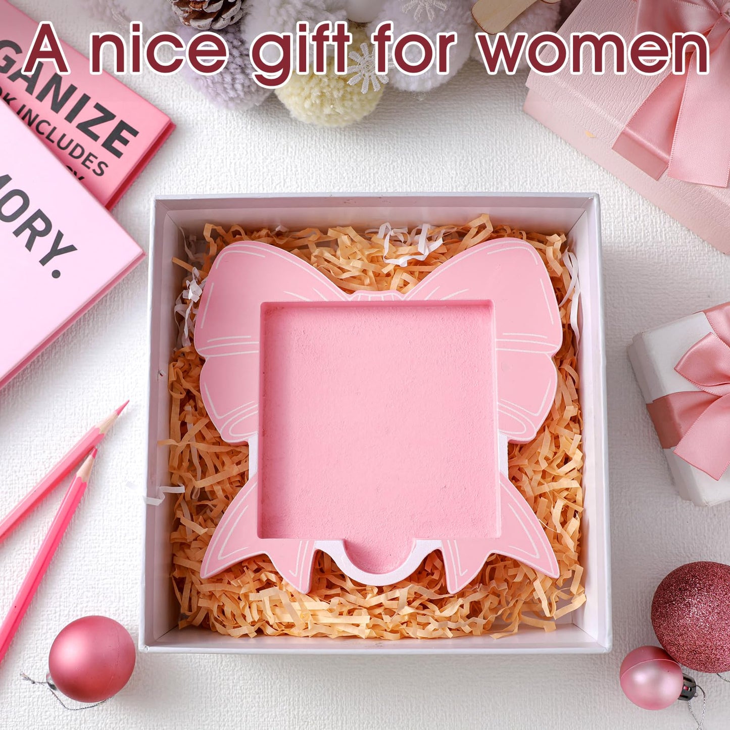 BrightRow Pink Bow Sticky Note Holder Large Wood Notepad Dispenser 3 x 3 Sticky Notes Organizer Cute Self Stick Memo Pad Holder for Desk Office Back to School Gift, No Pads Included