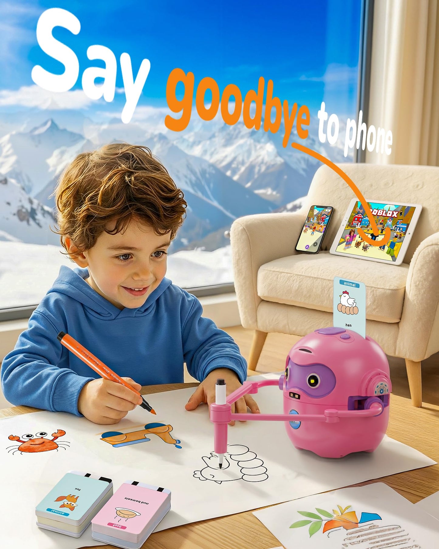 Drawing Robot for Kids, Rechargeable 4-in-1 Draw/Learn/Spell/Music Interactive Educational Robot Drawing Machine with 100 Cards & 12 Color Pens, Learning Toys for 3-8 Year Old Boys Girls Birthday Xmas