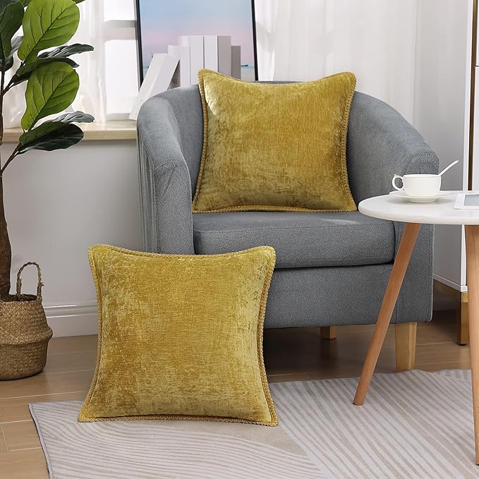 decorUhome Chenille Soft Throw Pillow Covers 20x20 Set of 2, Farmhouse Velvet Neutral Decorative Euro Pillow Covers with Stitched Edge for Couch Sofa Bed Home Decor, Mineral Yellow