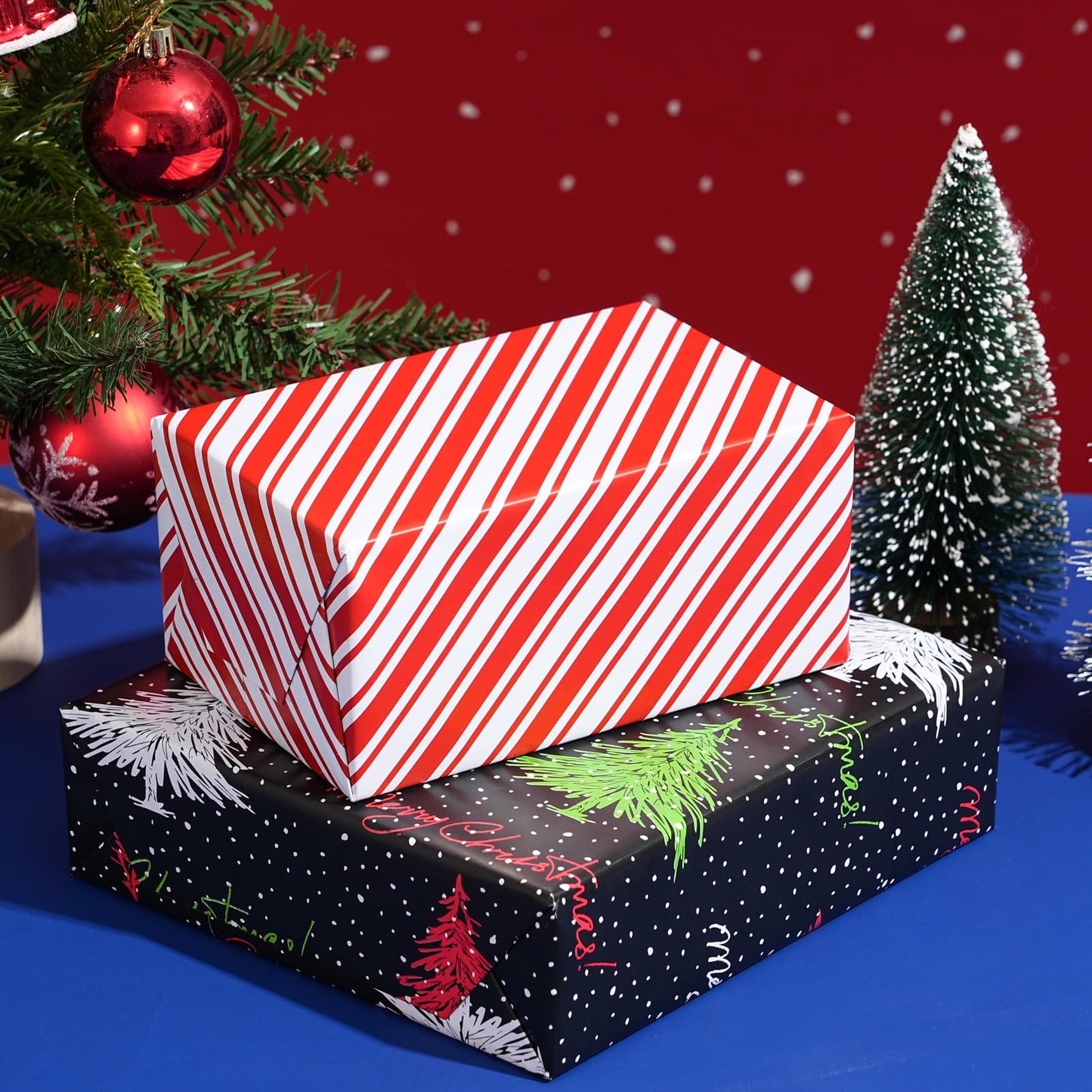 ZINTBIAL Christmas Tree Reversible Wrapping Paper Roll - Gift Wrap with Red & White Stripes on Reverse - Perfect for Holidays, Birthdays, and Halloween - 17.5 in x 33 ft (48 sq. ft)