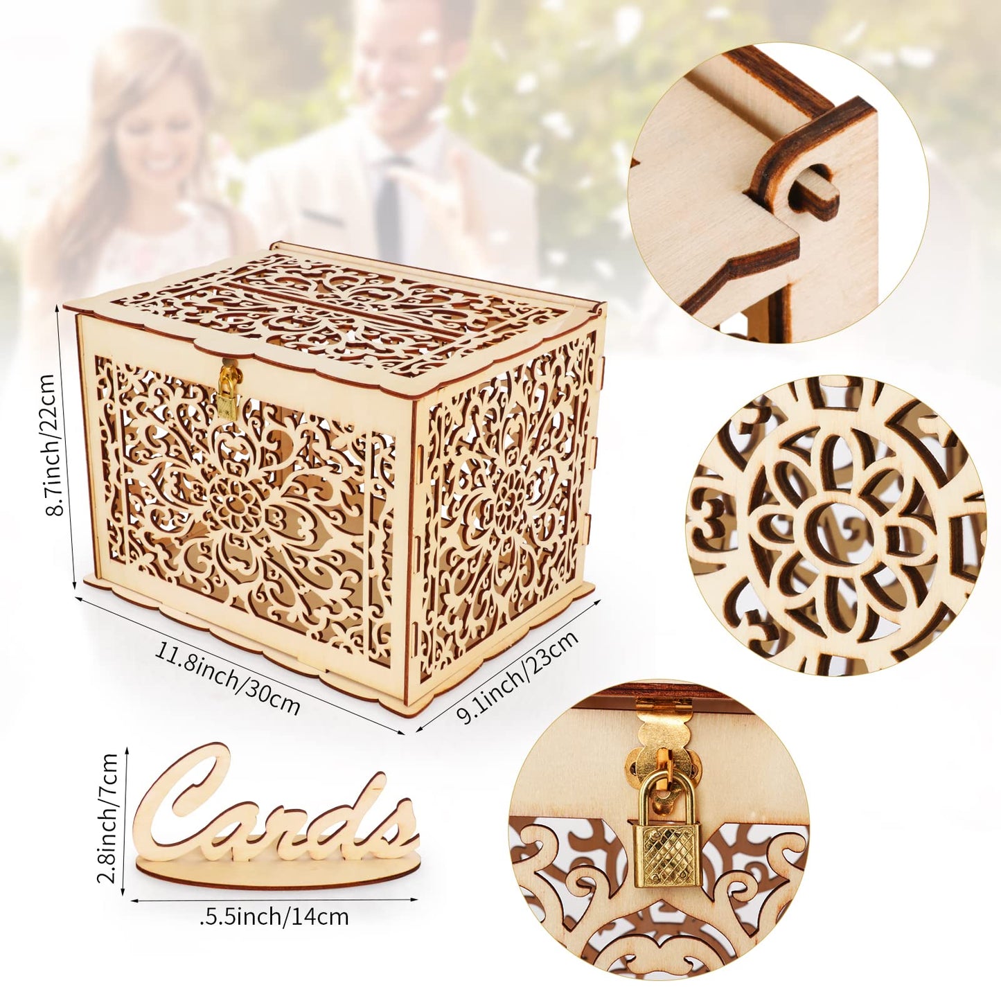 Hooqict DIY Wedding Card Box with Lock Large Rustic Wood Wedding Gift Money Box Holder for Graduation Parties Wedding Reception Bridal Baby Shower Birthday