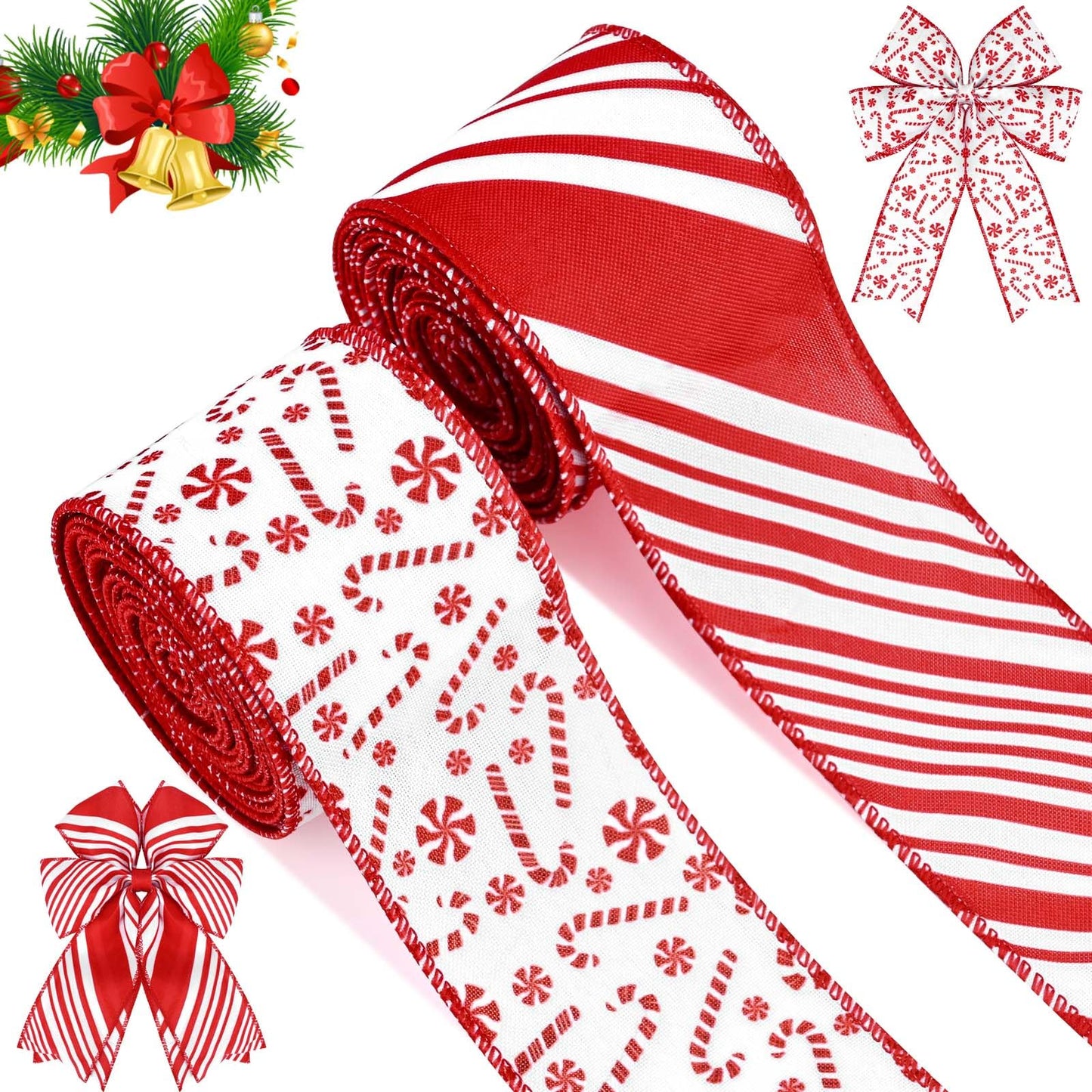 2 Rolls 12 Yards Christmas Candy Cane Wired Edge Ribbons Red White Stripes Burlap Fabric Craft Ribbons for Xmax Craft Wreath Bow Making Gift Wrapping Christmas Tree Decoration Supplies, 2.5 Inch