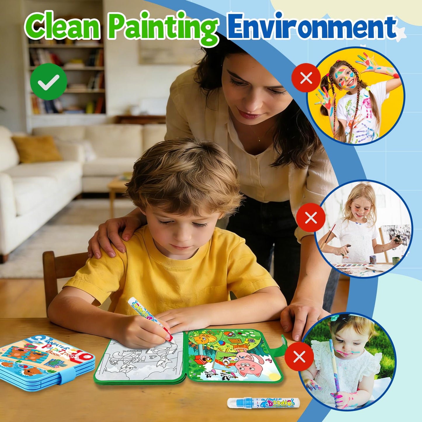 Elfew Water Painting Book for Toddlers 1-3,Mess Free Coloring for Toddlers,2 Pack Reusable Water Coloring Books with Water Pens,Magic Doodle Books