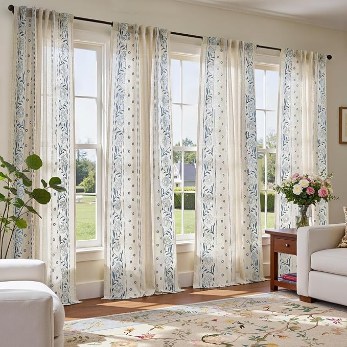 jinchan Winslow 4 Panel Curtains Set 84 Inch Length Embroidered Bordered Floral Curtains for Living Room Farmhouse Decor Light Filtering Window Treatments Blue on Beige Drapes 4 Panels