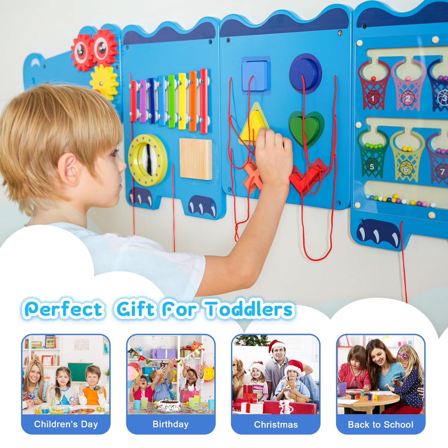 nigwet Crocodile Sensory Toys Activity Wall Panels, Educational Montessori Busy Board for Toddlers, Activity Cube - Sensory Wall, Wooden Learning Toys, Interactive Toy, Blue