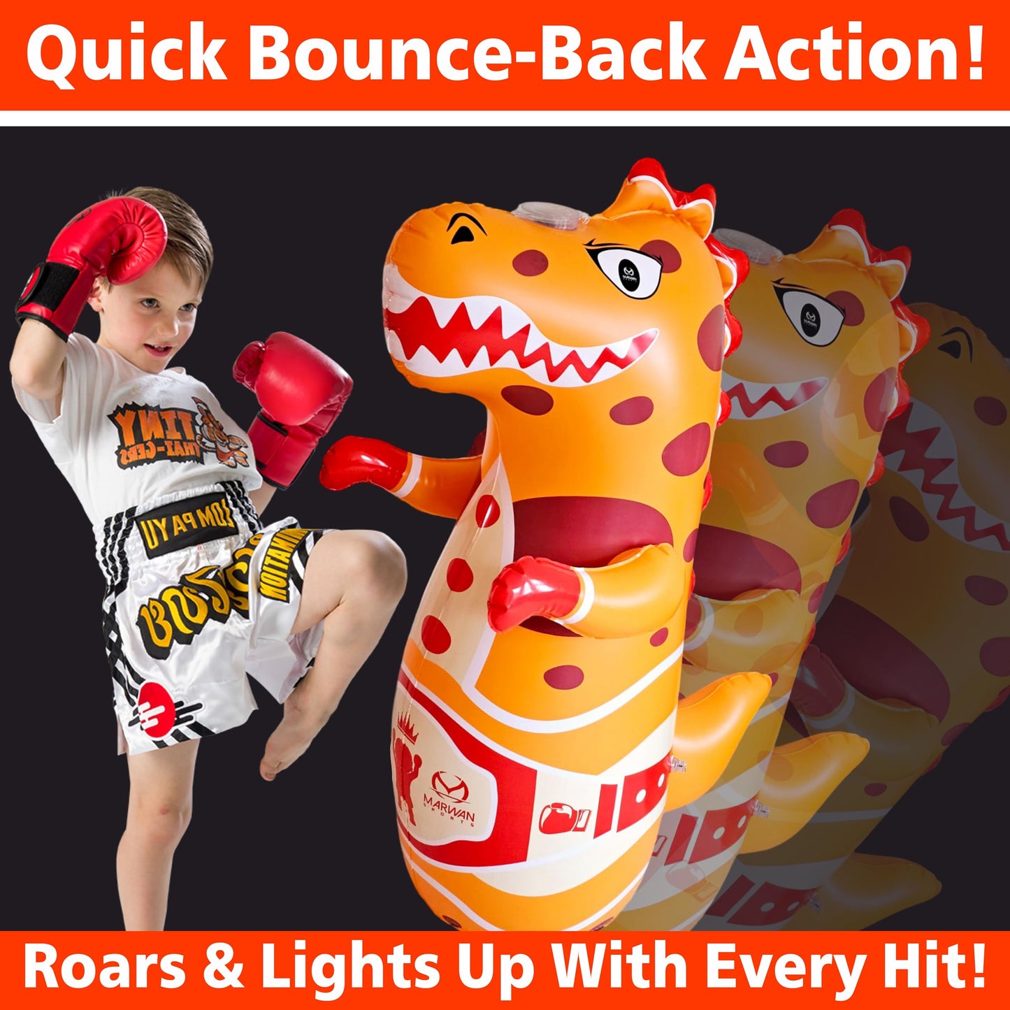 Light-Up Inflatable Dinosaur Punching Bag with Roaring Sound – 47” Bop Bag with Fast Bounce-Back for Active Kids Ages 2-7 – Fun Boxing Toy for Toddlers (3 AAA Batteries Required, Orange)