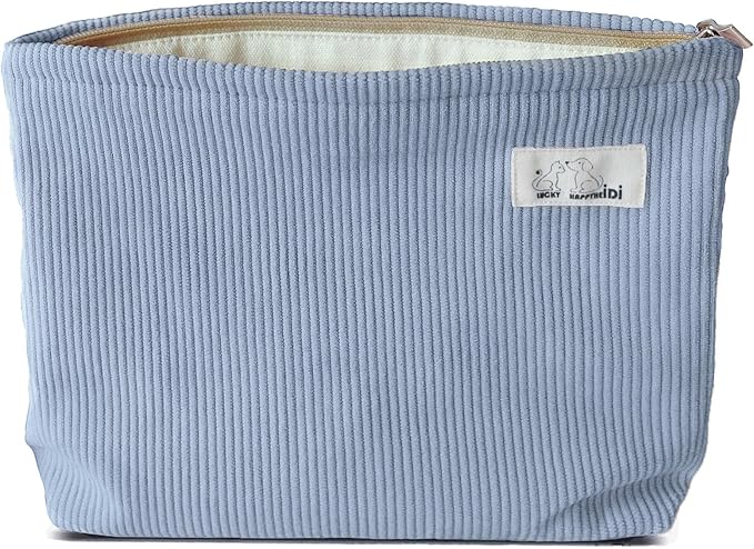 HAPPYHEIDI Large Corduroy Makeup Bag Compartment Cosmetic Toiletry Travel Accessory Pouch Purse Organizer, Soft Misty Blue