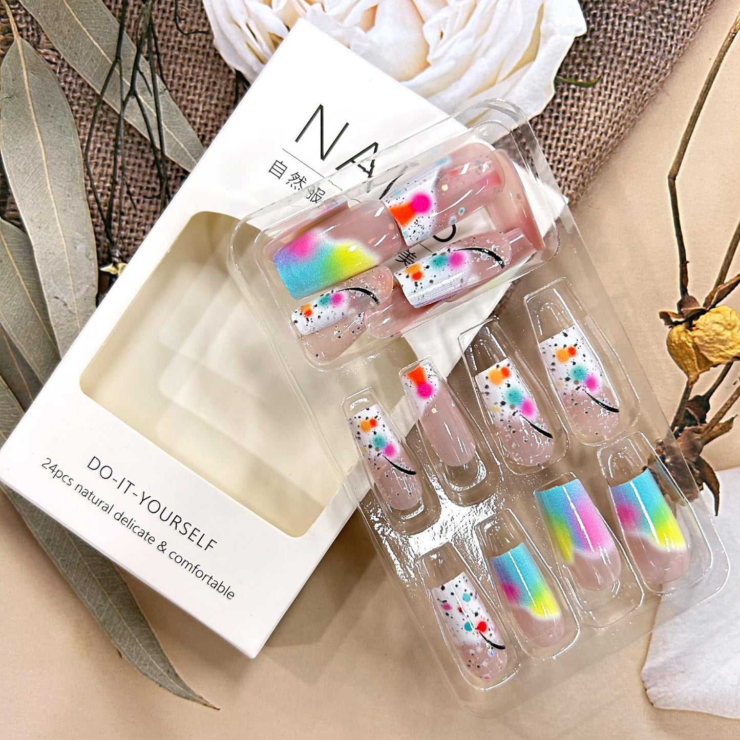 TBRZTR Press on Nails Medium Length Square False Nails Colorful Gradient Acrylic Nails Full Cover Artificial Coffin Nails Press Nails with Design Acrylic Smudge Nails 24Pcs Glue on Nails for Women