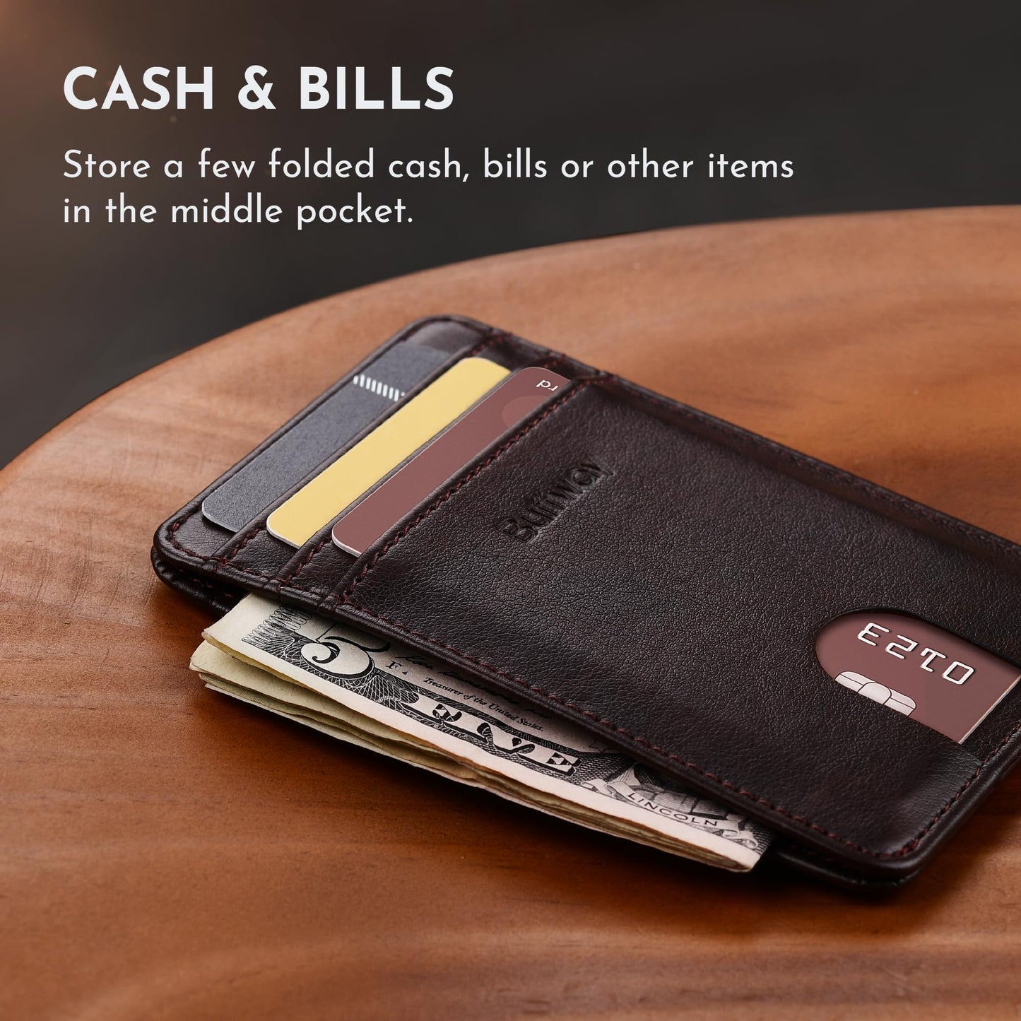 Buffway Mens Slim Wallet, Minimalist Thin Front Pocket Leather Credit Card Holder with RFID Blocking for Work Travel - Pebble Brown