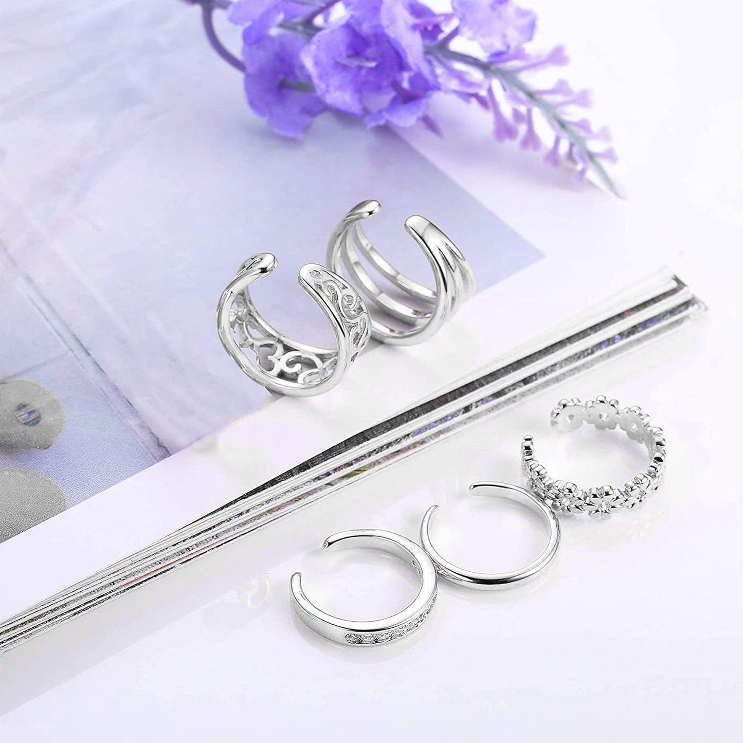 PYALXDN 5 Pcs Silver Plated Toe Rings for Women Adjustable Band Rings Open CZ Toe Ring Set Beach Foot Jewelry，Anti-allergy，Silver