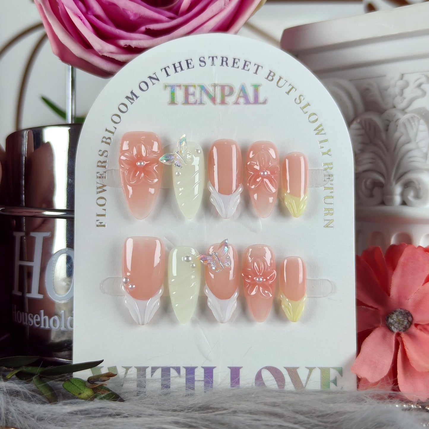 TENPAL Handmade Warm Yellow Blush French Tips Press on Nails Medium Almond with 3D Butterfly & Wave,Handmade & Reusable, Sheer Flattering False Nails for Everyday Summer Wear(M)