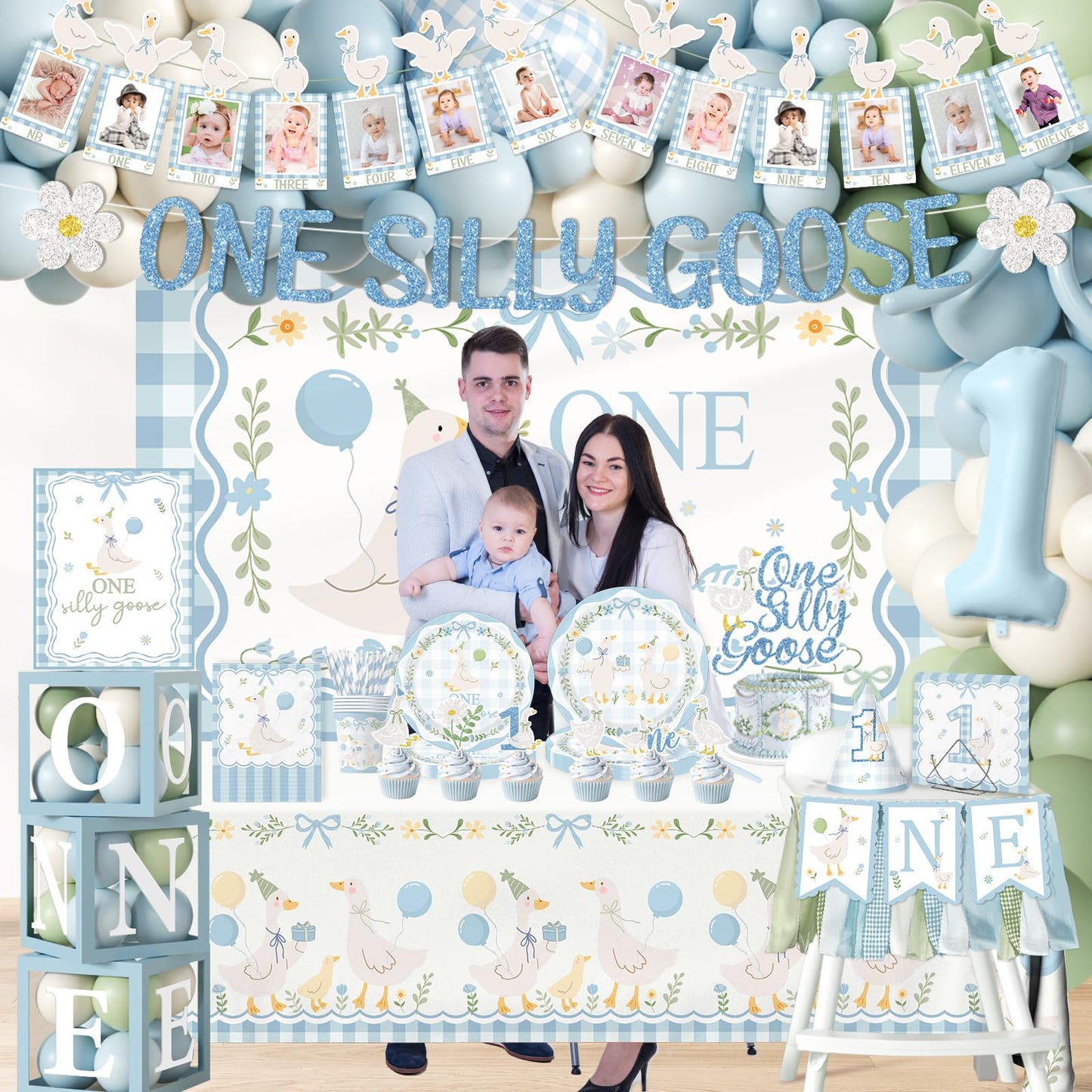 One Silly Goose Birthday Decor Boy, 270Pcs Blue Silly Goose First Birthday Decorations Kit include One Silly Goose Banner,Backdrop,Balloon Arch,Boxes,High Chair Banner,Bow Cupcake Toppers,Tableware