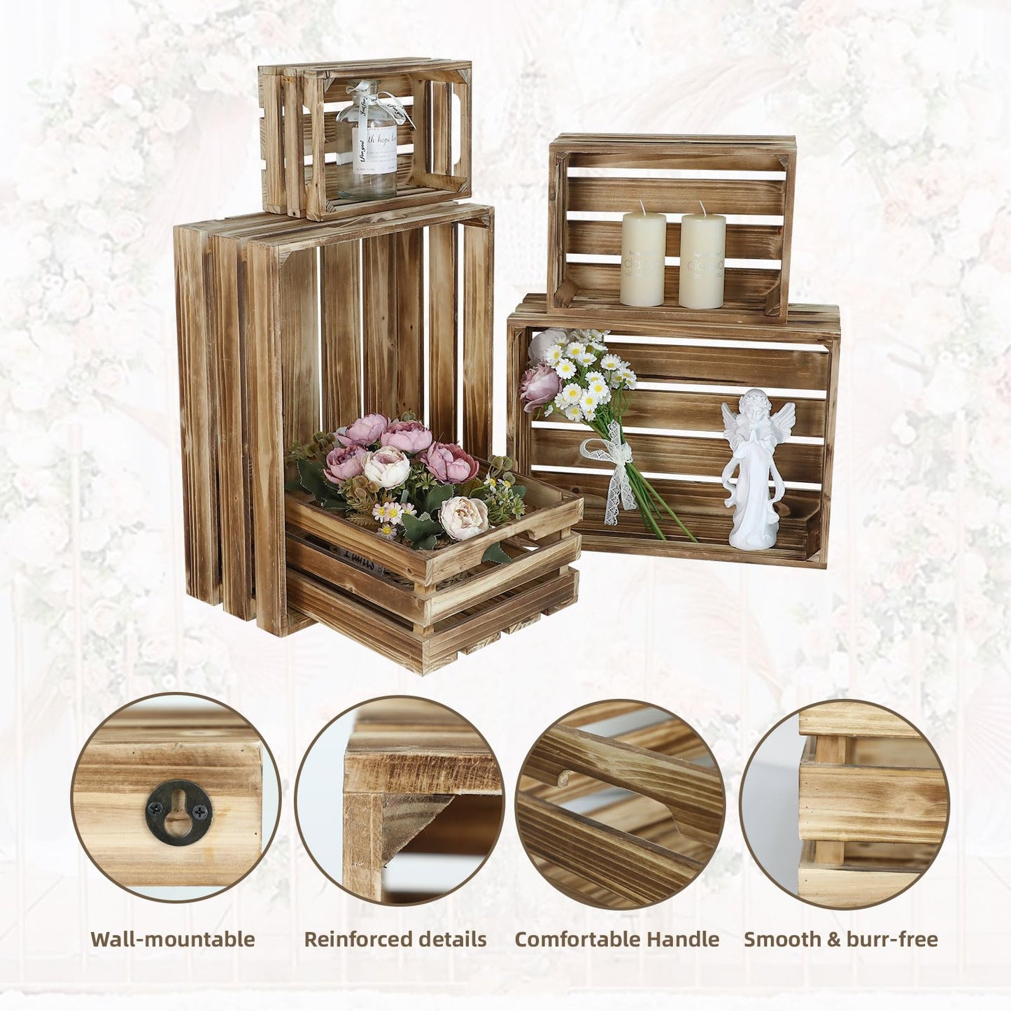MACVAD 5-Piece Rustic Burnt Brown Wooden Crates Set, Wall Mountable Slatted Storage Crates with Handles, Farmhouse Wooden Crates for Display & Organizer for Home Decor