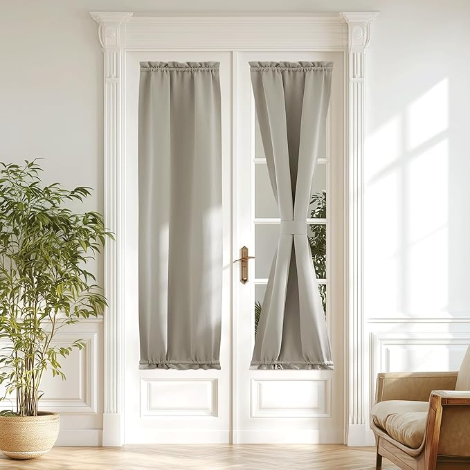NICETOWN Glass Door Curtain - Window Treatments Panels Solid Energy Efficient Rod Pocket for Front French Patio Door Shade Panel, 20 x 72 inches Long, Natural, 1 Piece with Tieback