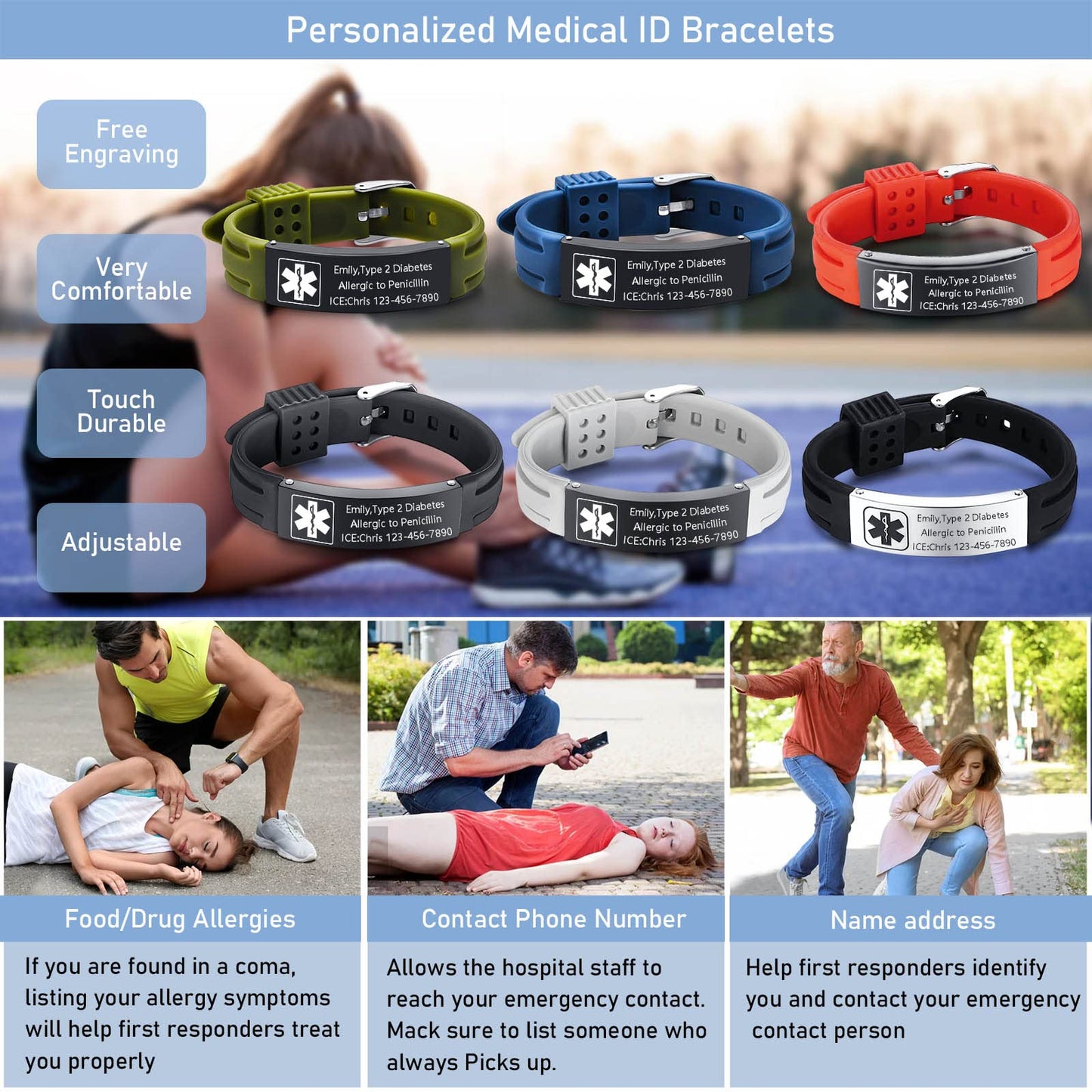 VNOX Customize Emergency Jewelry Medical Alert ID Grey Silicone Stainless Steel Adjustable Bracelet